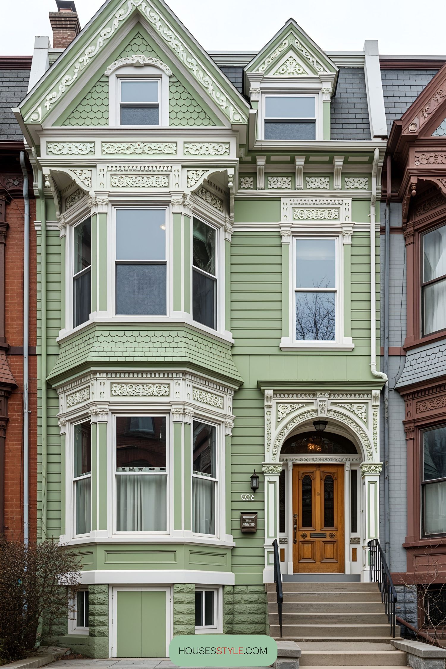 Victorian-style green house with ornate details