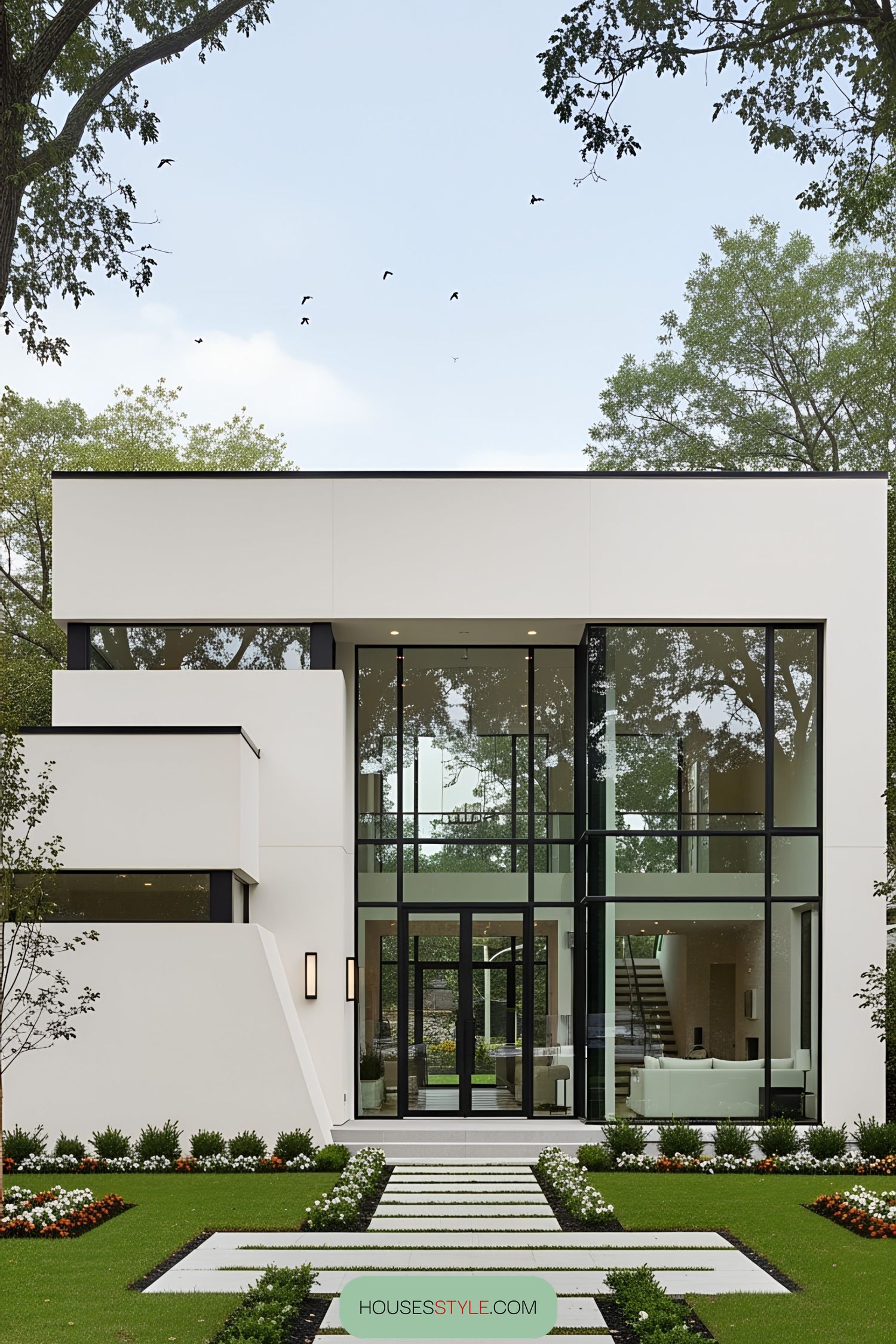 Modern one-story home with large glass windows surrounded by trees