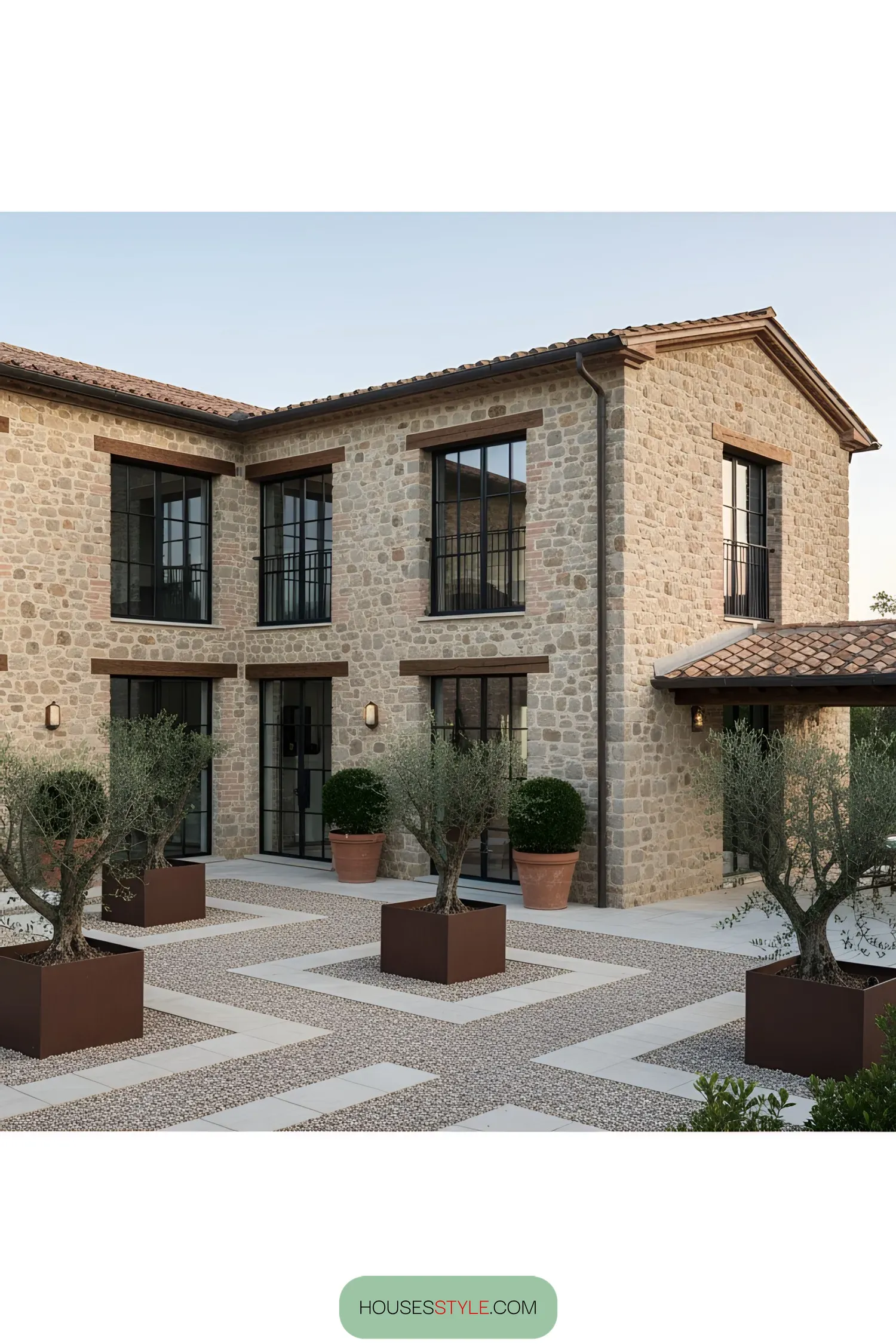 Exterior of a stone villa with large windows and potted trees