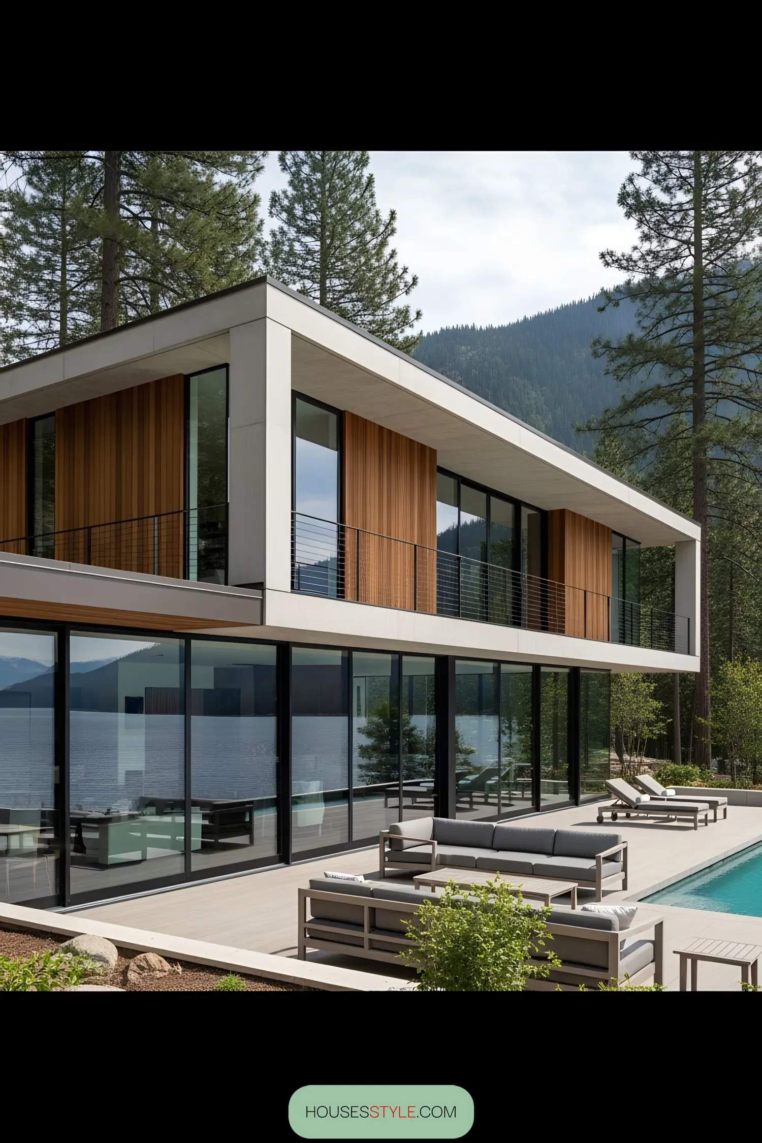 Modern lake house with wooden accents and poolside lounge