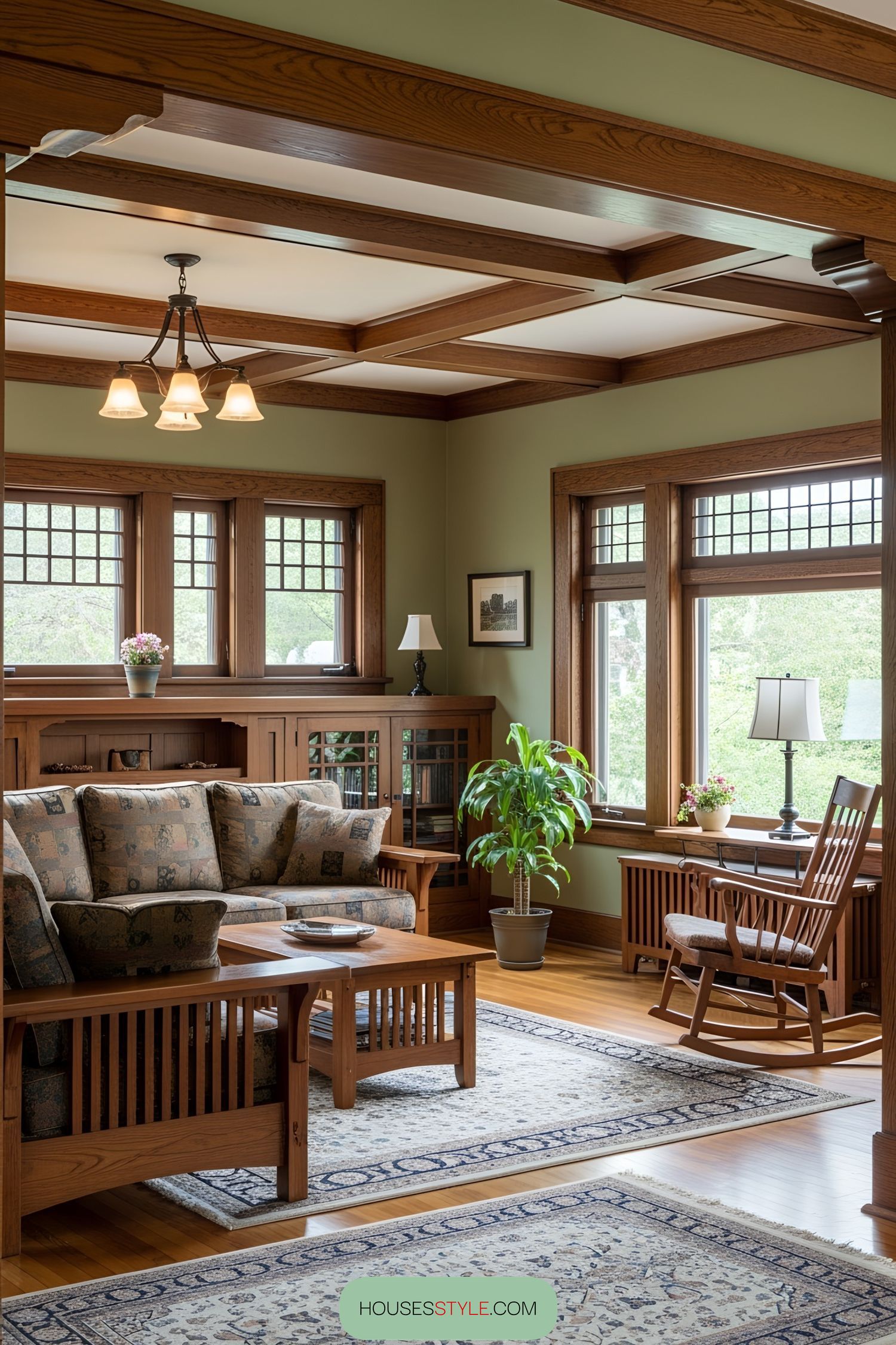 Wooden accents and cozy vibes in a craftsman living room