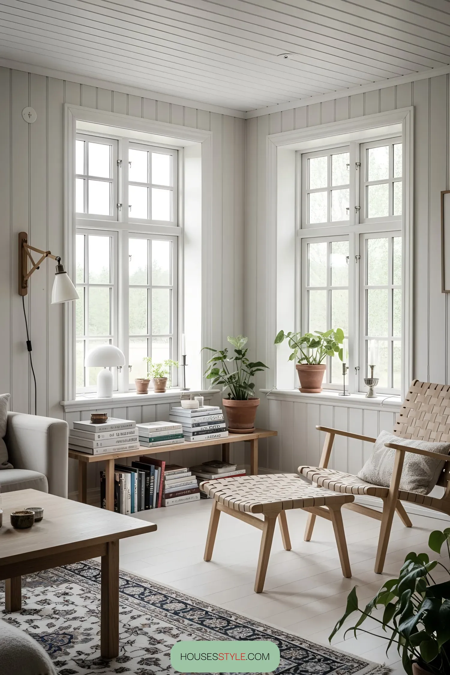 Bright and cozy room with wooden furniture and potted plants
