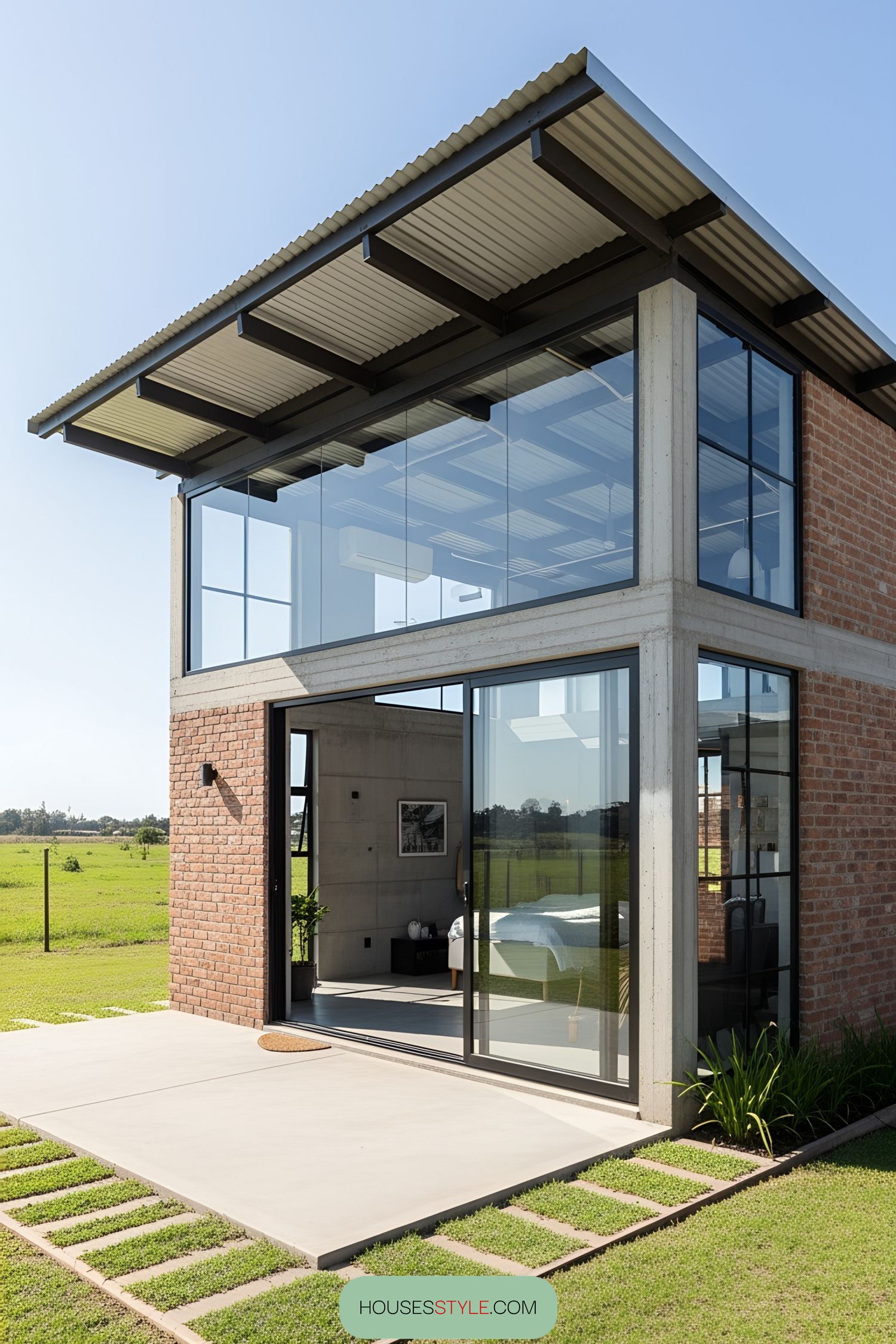 Modern industrial house with large windows, exposed brick, and a corrugated metal roof