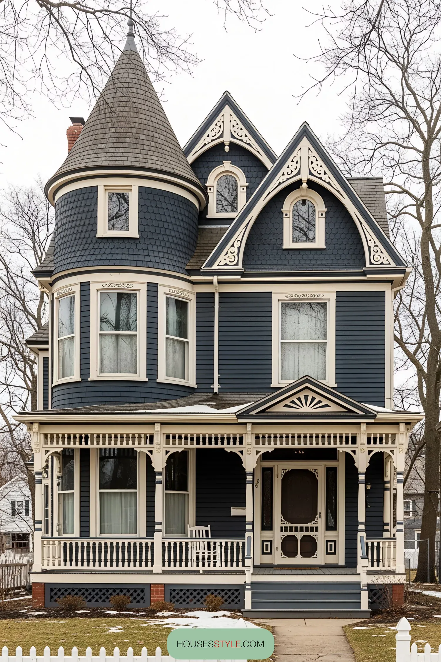 A dark Victorian house with detailed trim