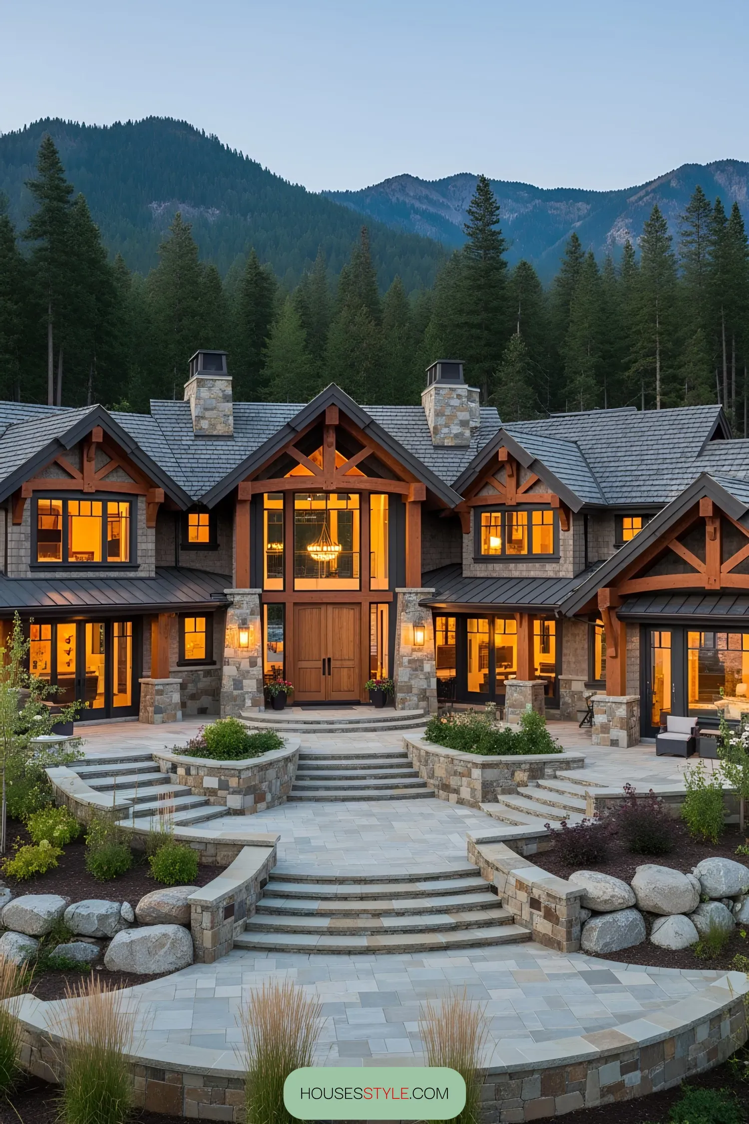 Rustic lake house with mountains in background