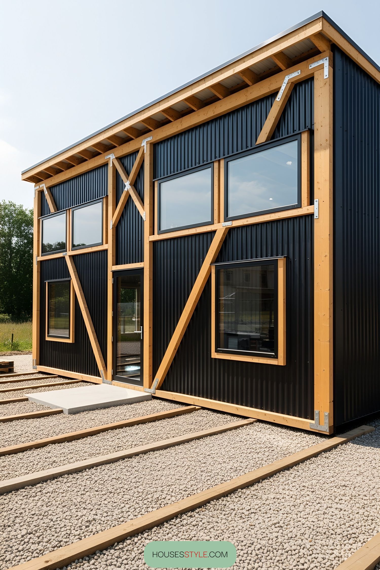 Shipping container workshop with wood accents