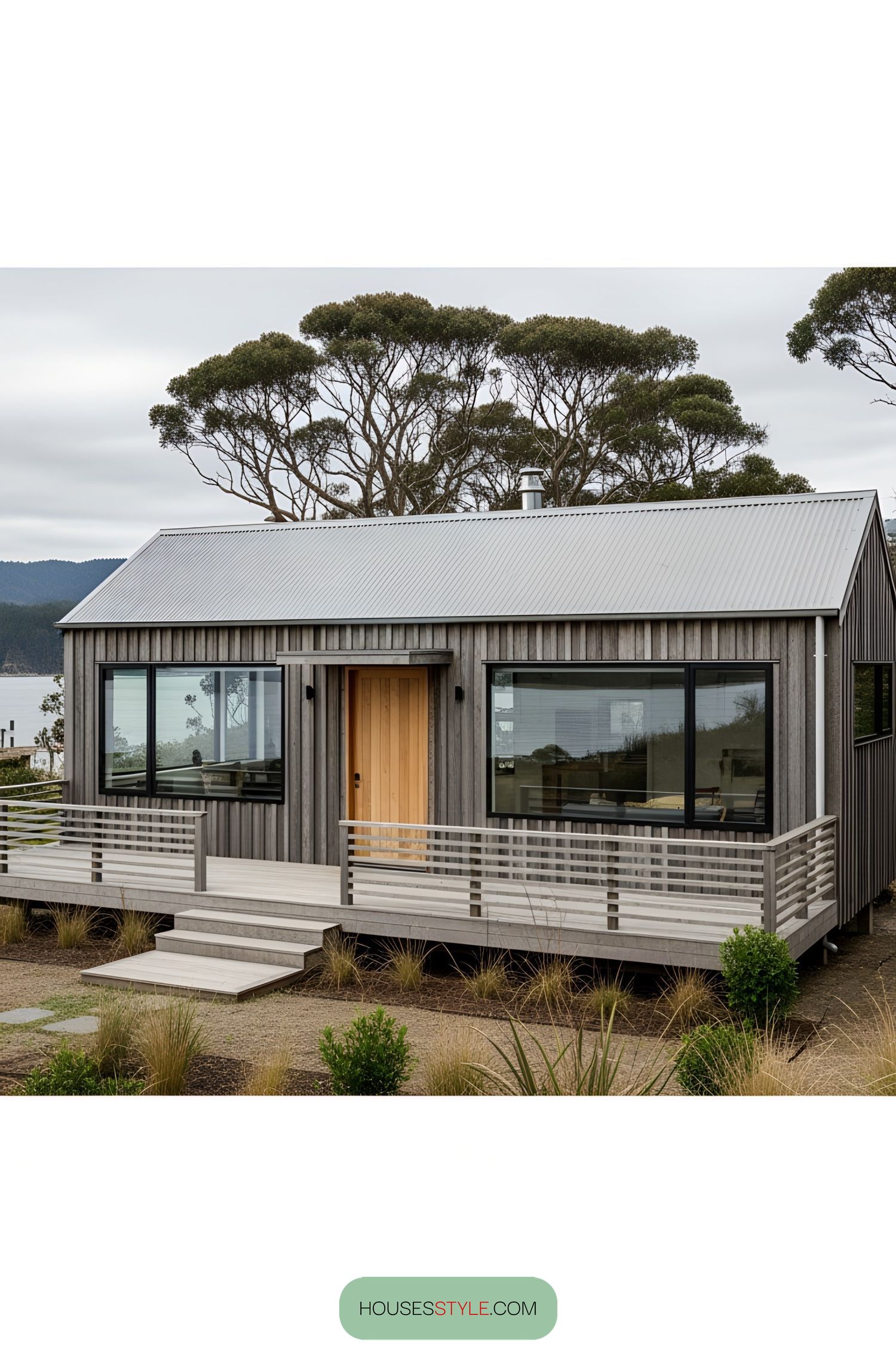 Lakeside cabin with a wooden terrace