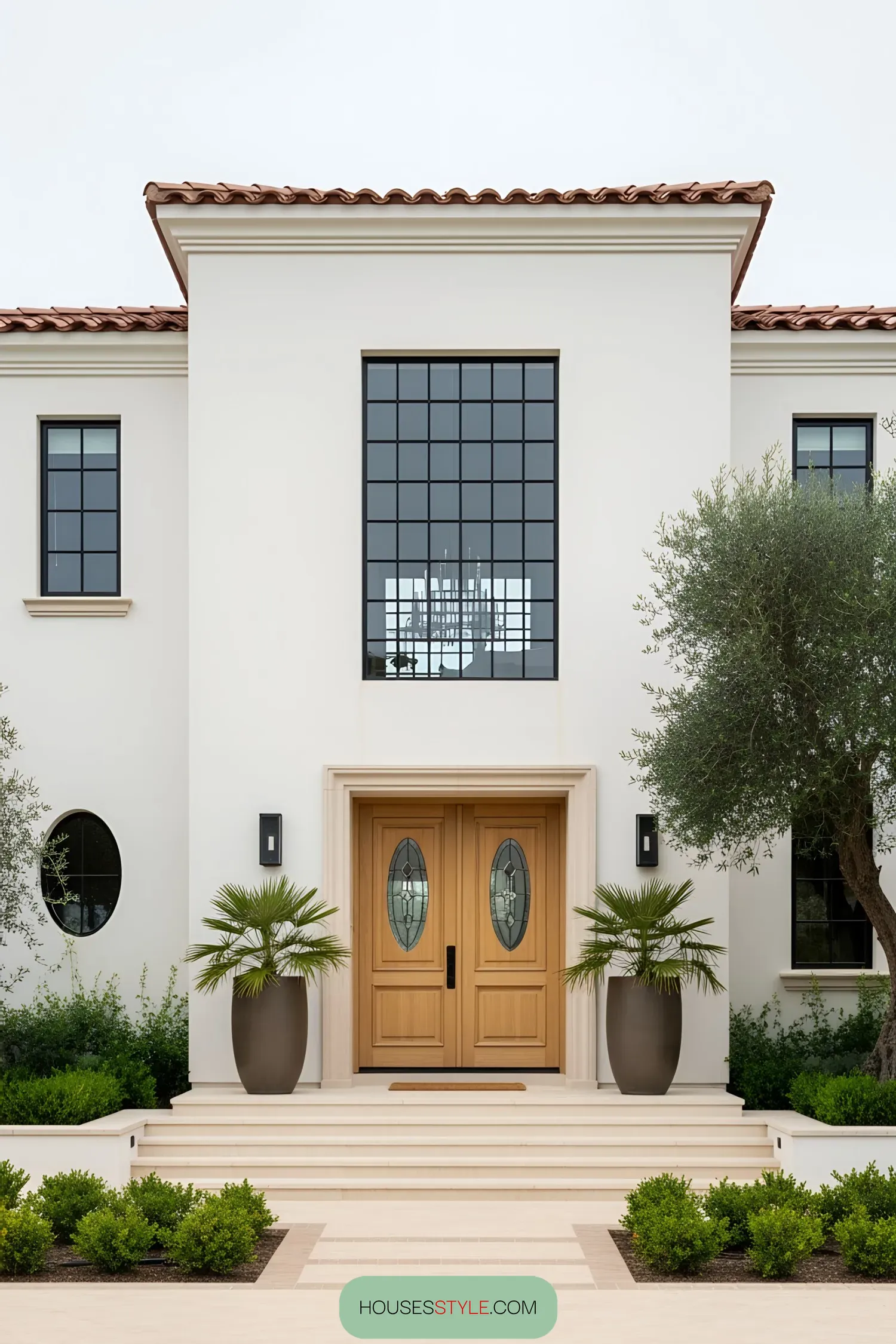 Grand wooden doors with potted palms on a Spanish coastal house