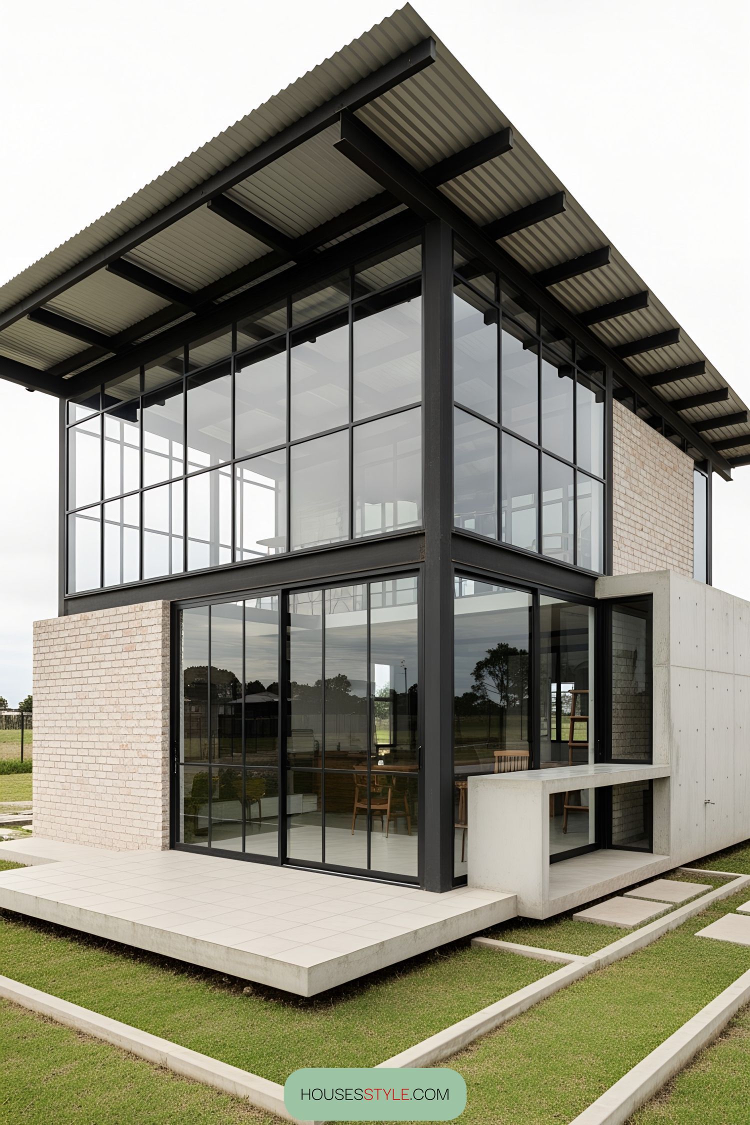 Modern house with large windows and steel accents