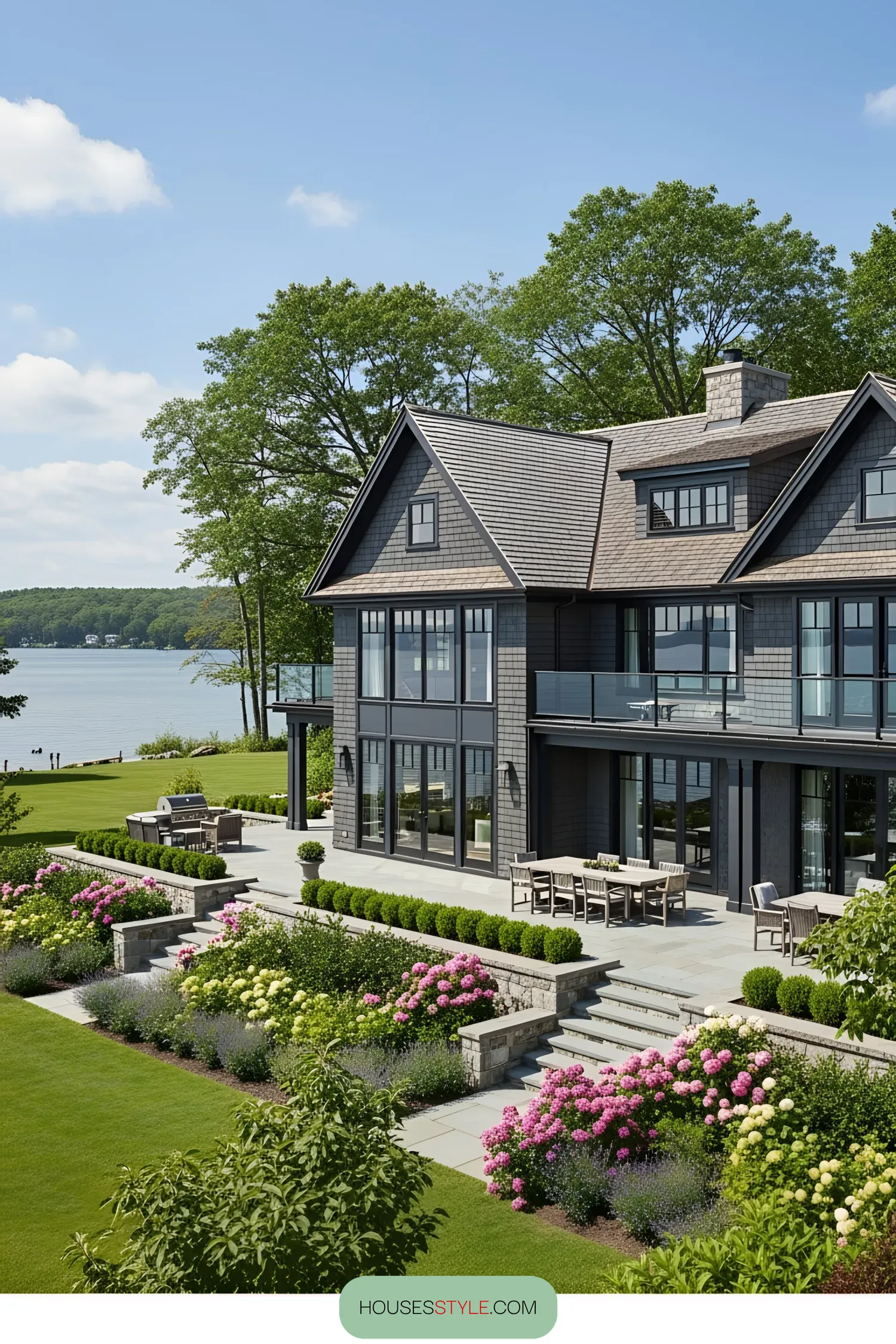 Luxury house with patio, garden, and lake view