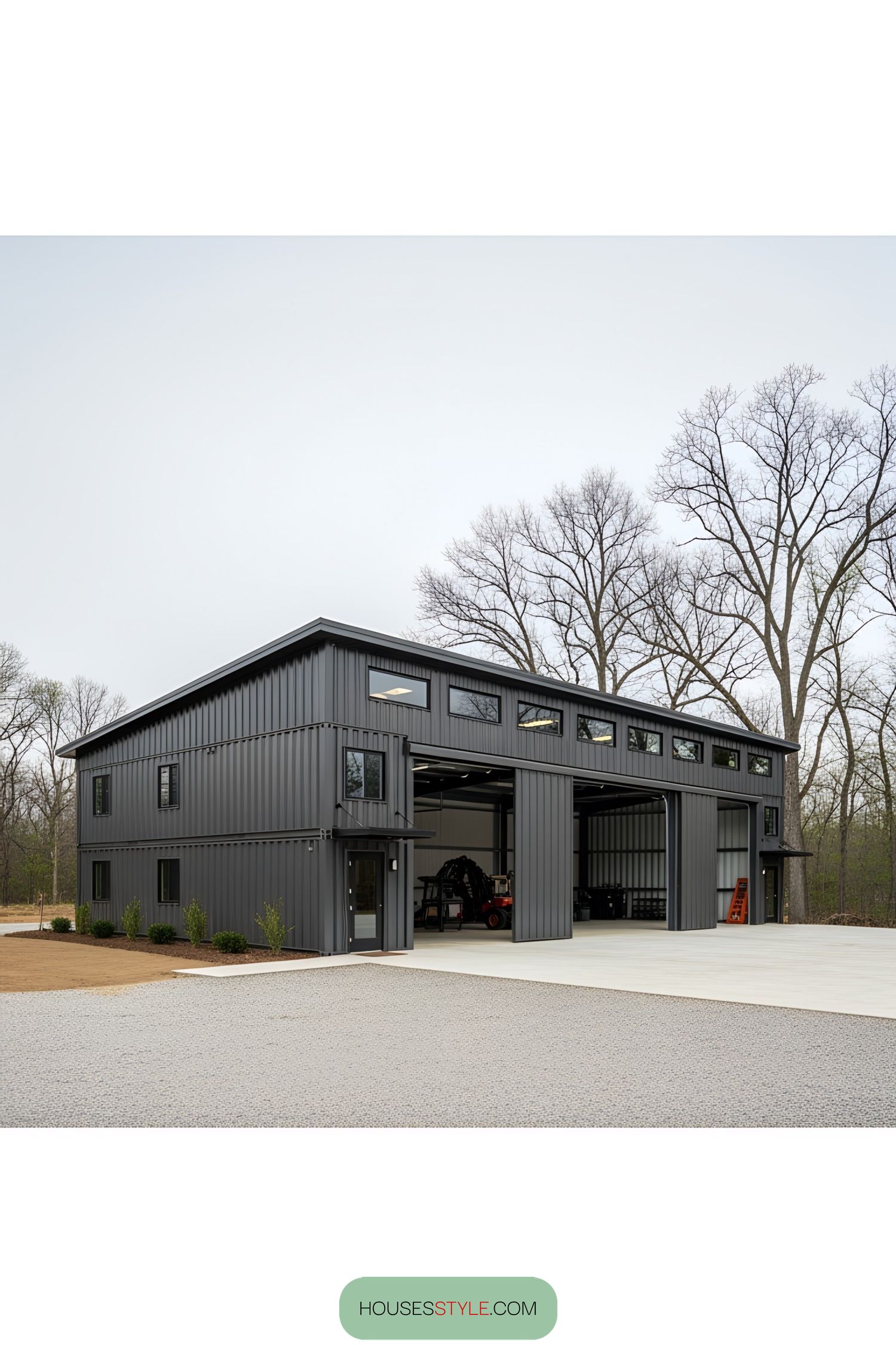Modern shipping container workshop surrounded by trees
