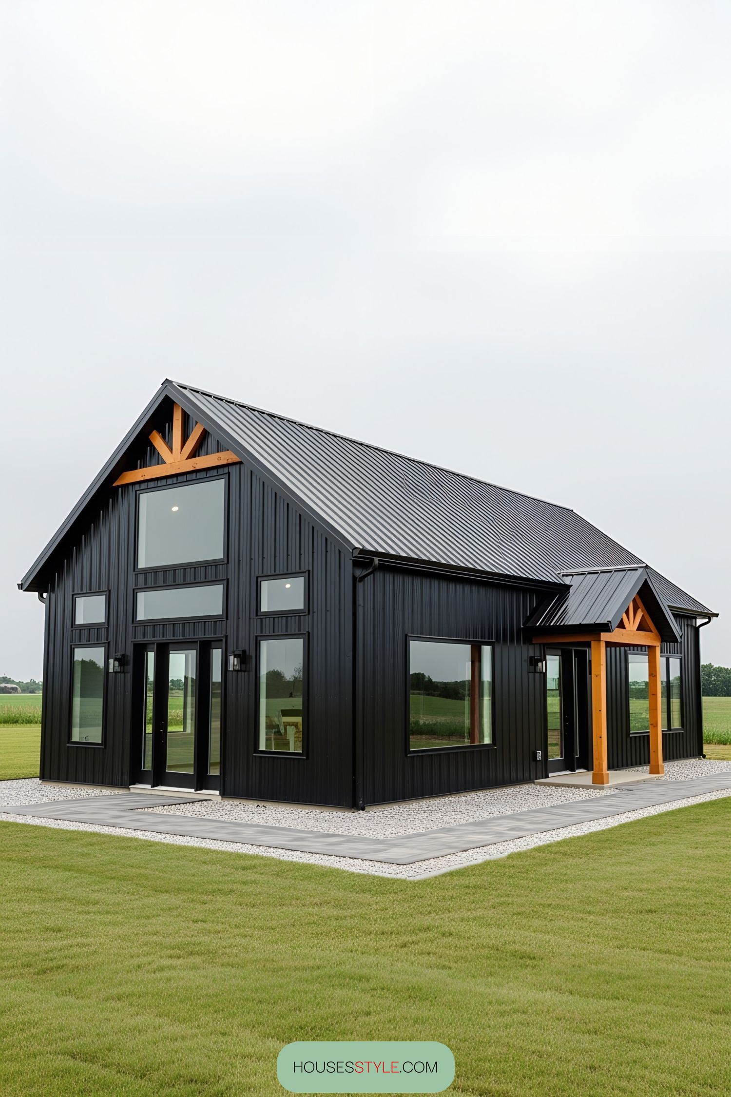 Sleek black barn with wooden accents set in a grassy field