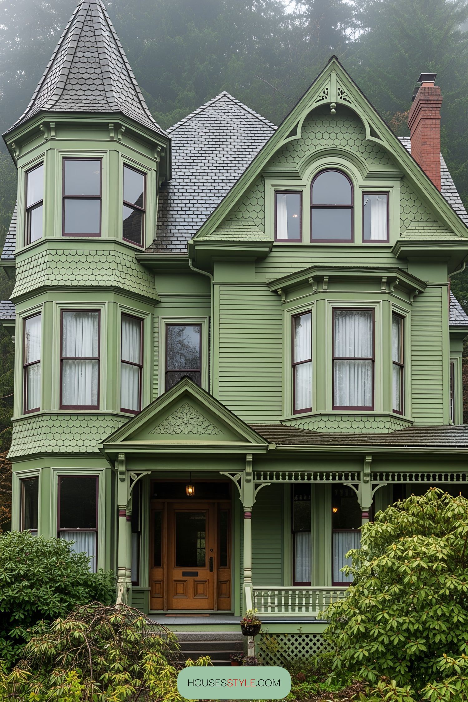 Victorian house with a green exterior and a turret