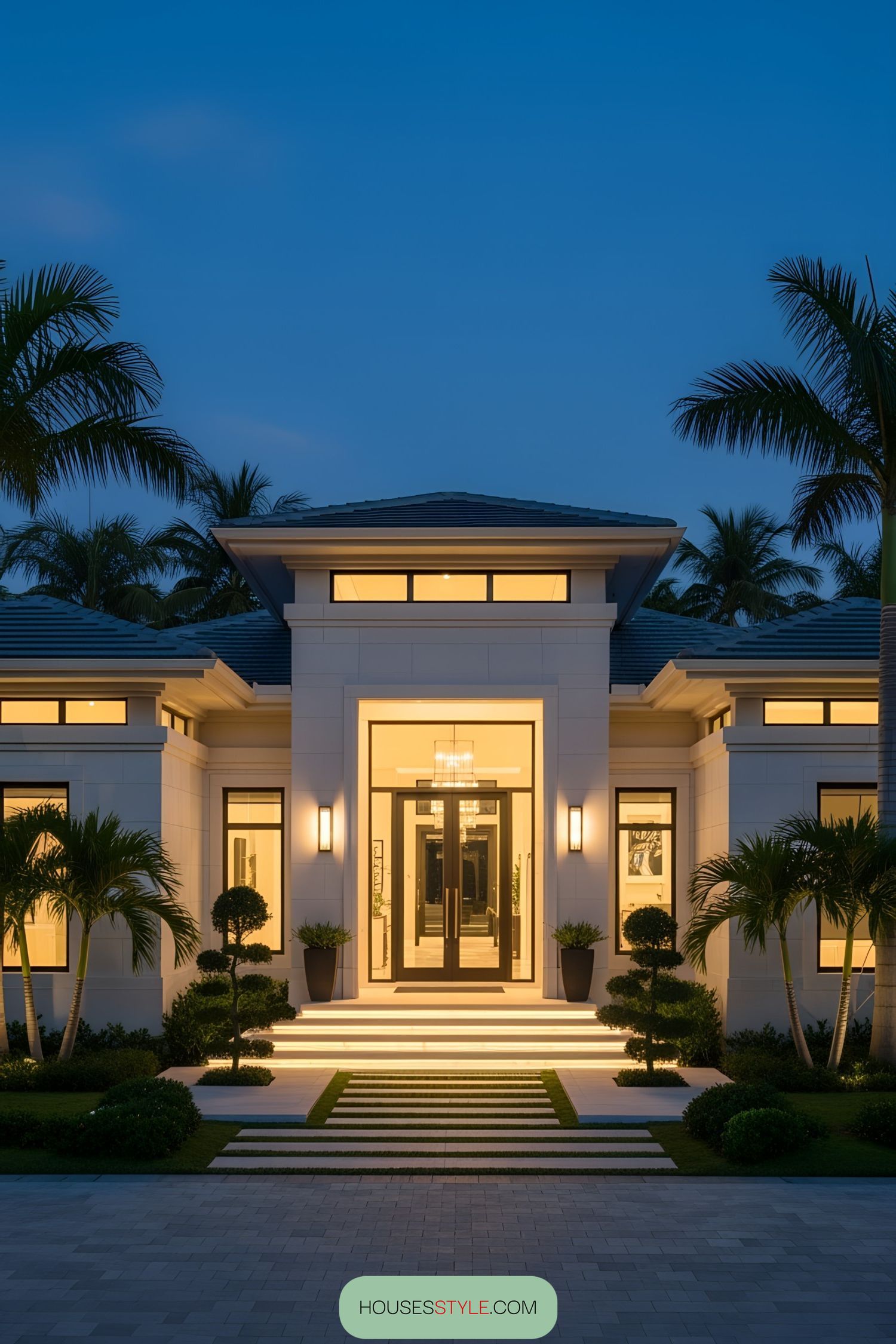 Modern one-story home with palm trees at dusk