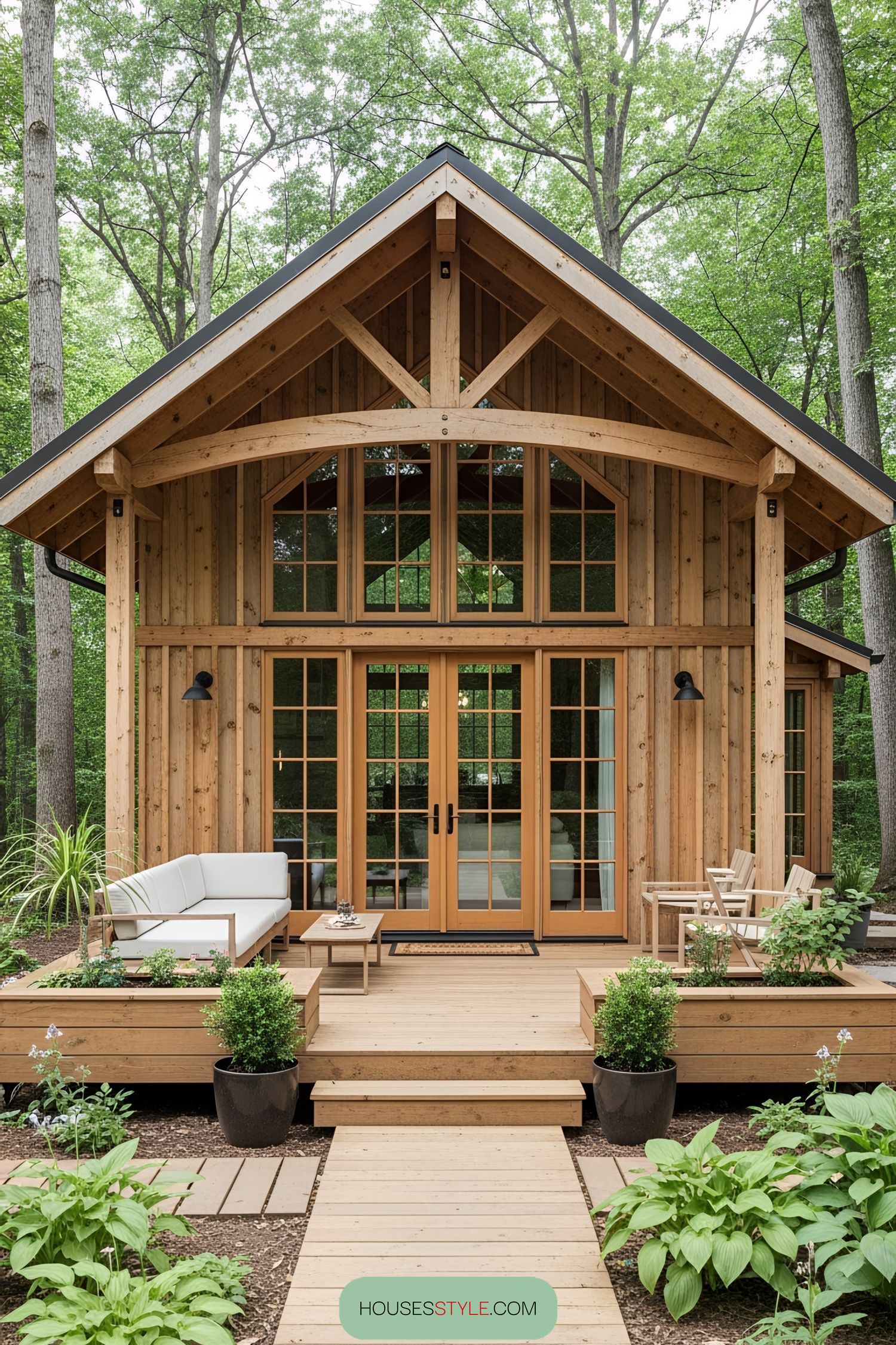 Rustic wooden house nestled in lush greenery