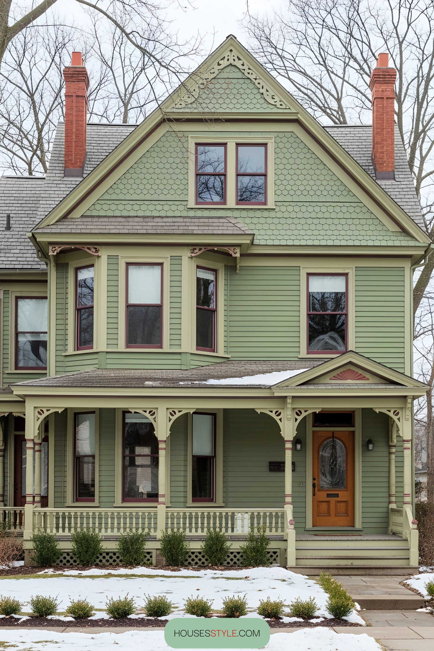 Charming green Victorian house with detailed trim
