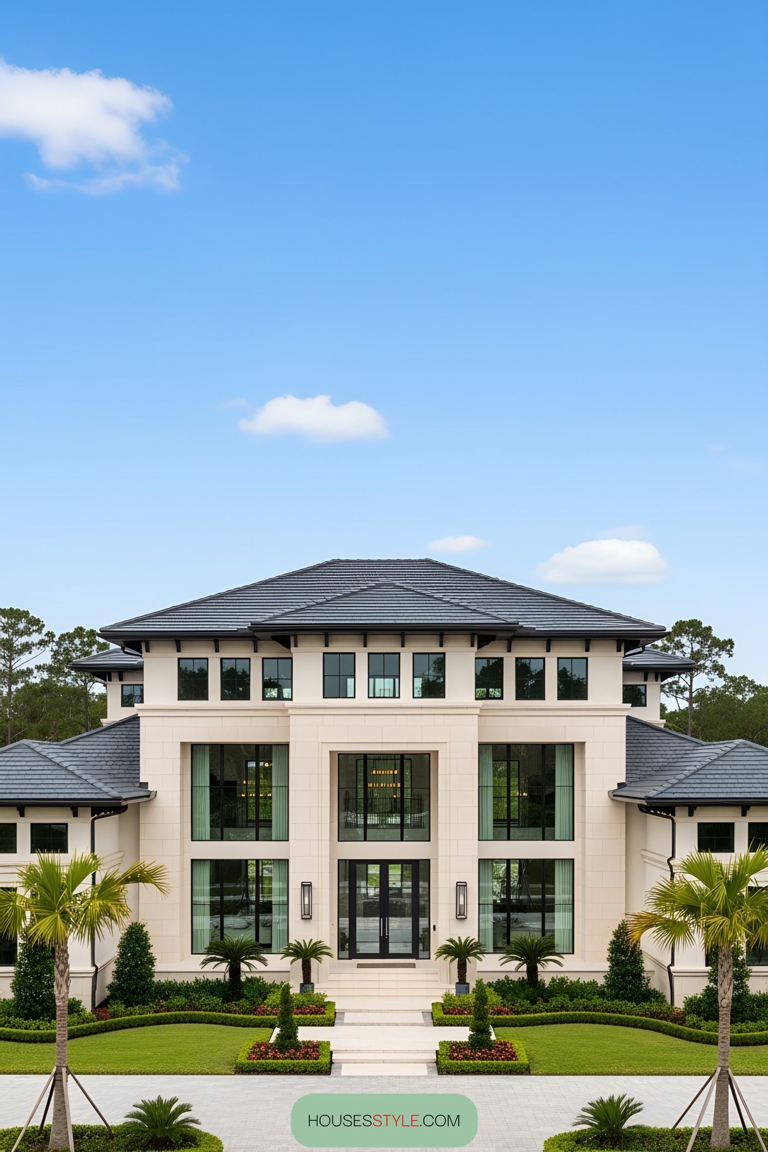 Luxury house with large windows and lush landscaping