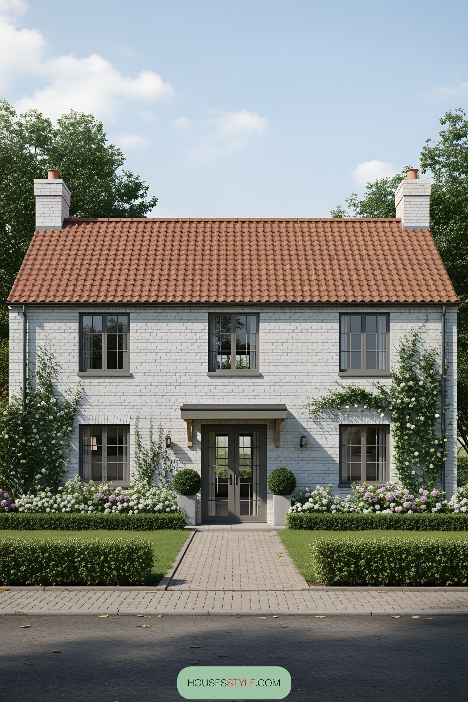 Brick farmhouse with lush greenery and red-tiled roof