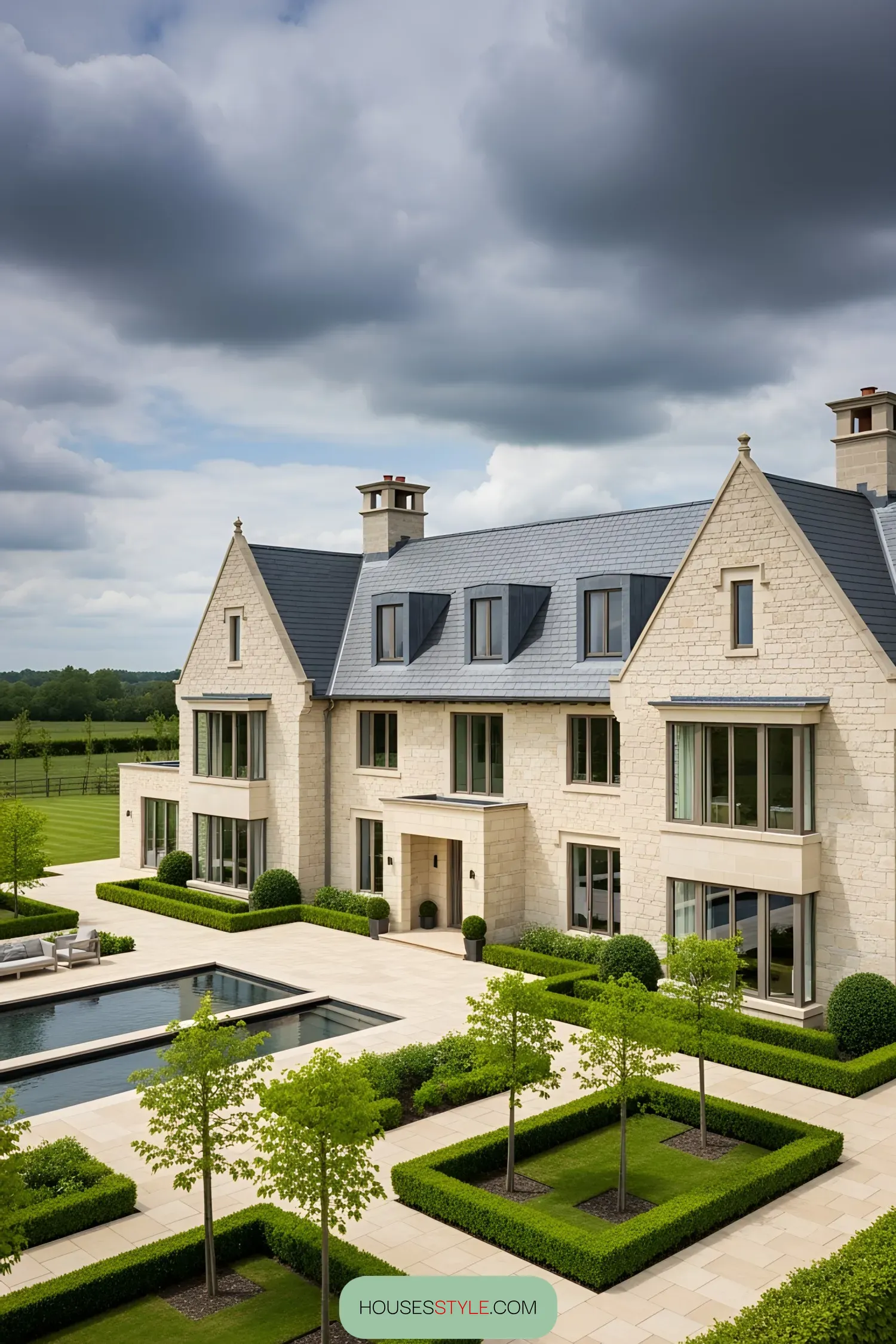 Manor house with a manicured garden and pool