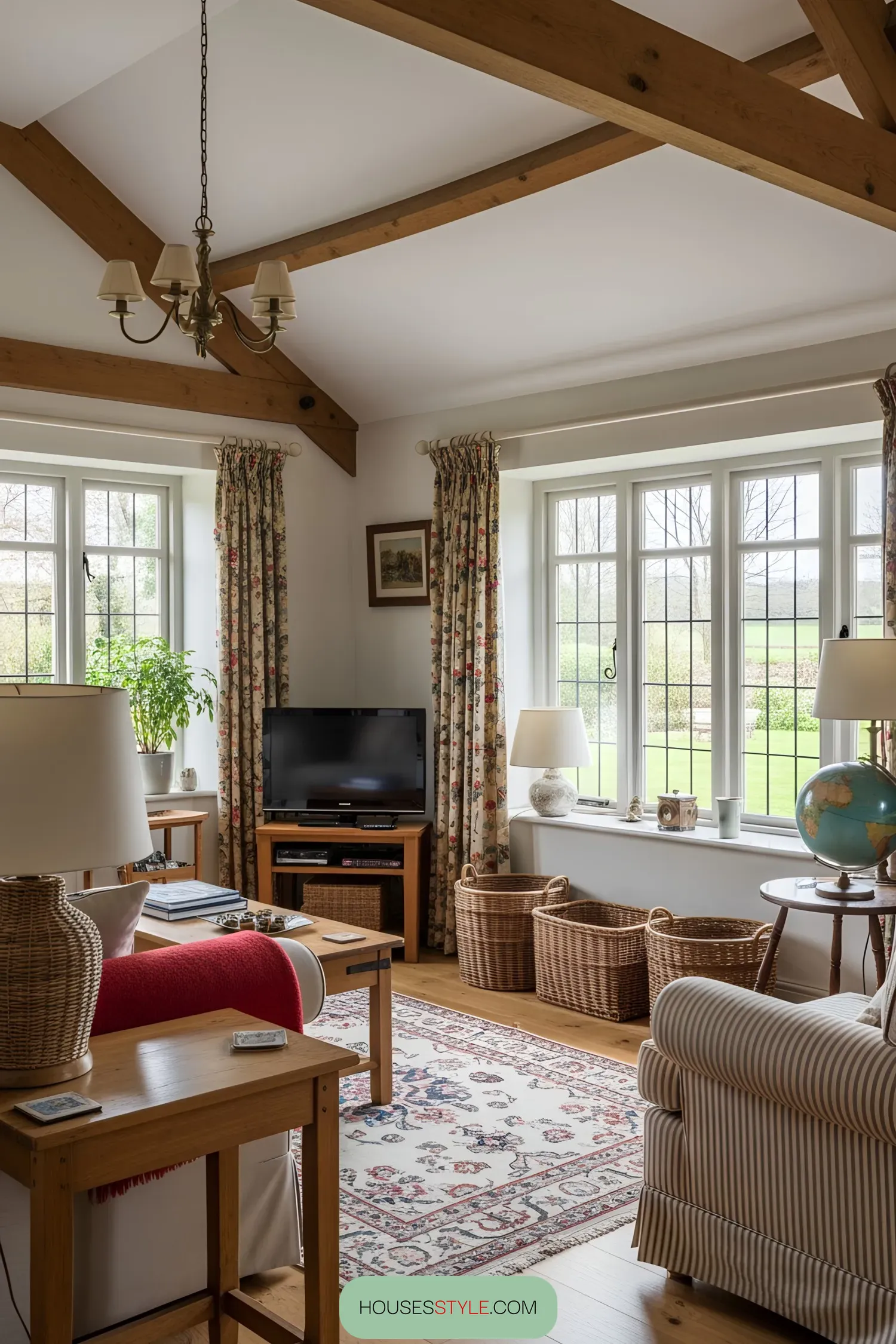 Cozy living room with wooden beams and floral decor