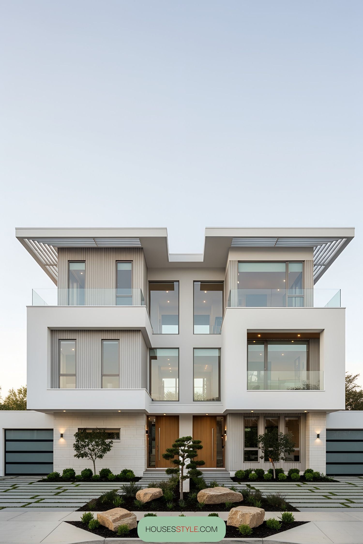Contemporary duplex with sleek design and lush landscaping