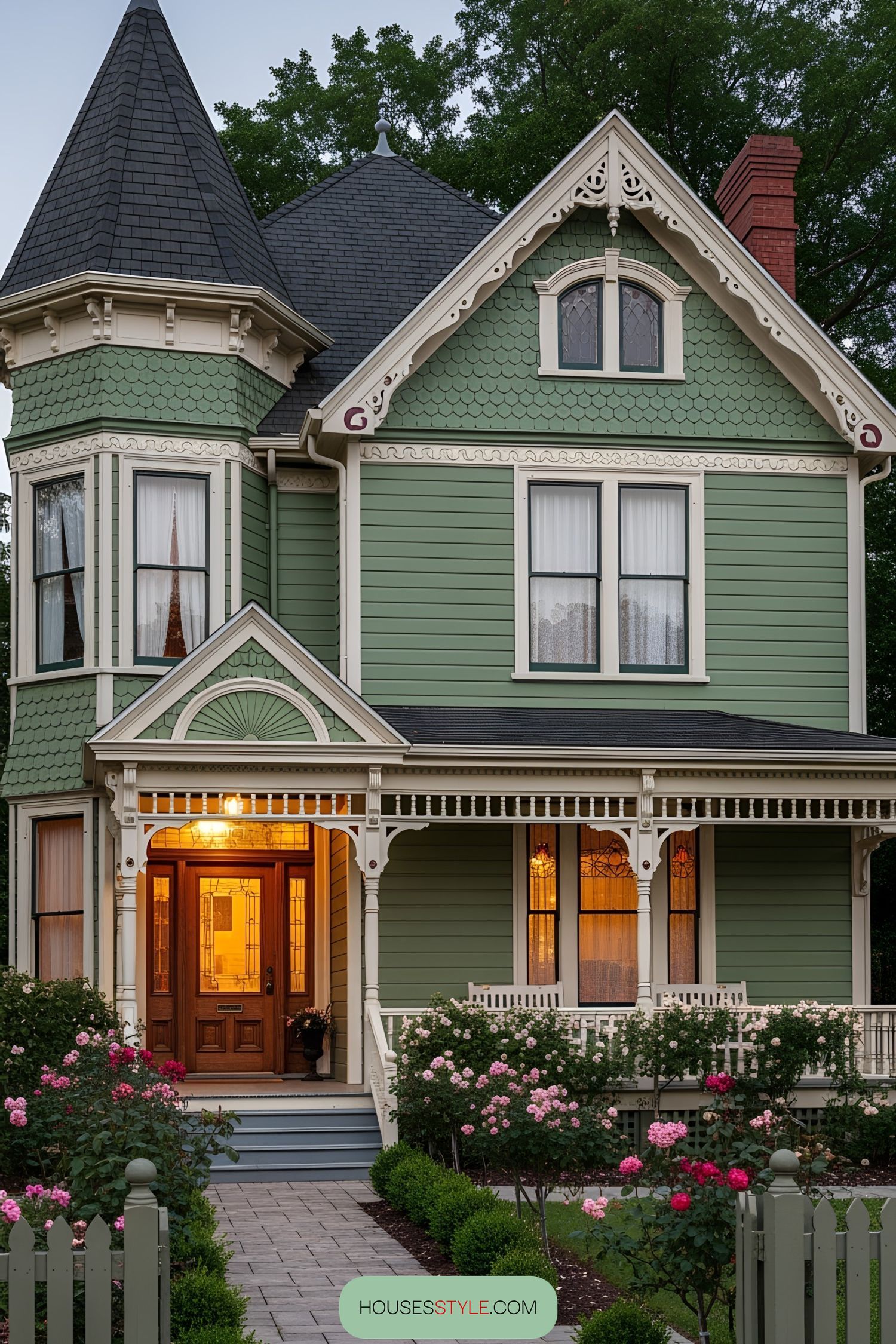 Green Victorian house with intricate details and a cozy porch