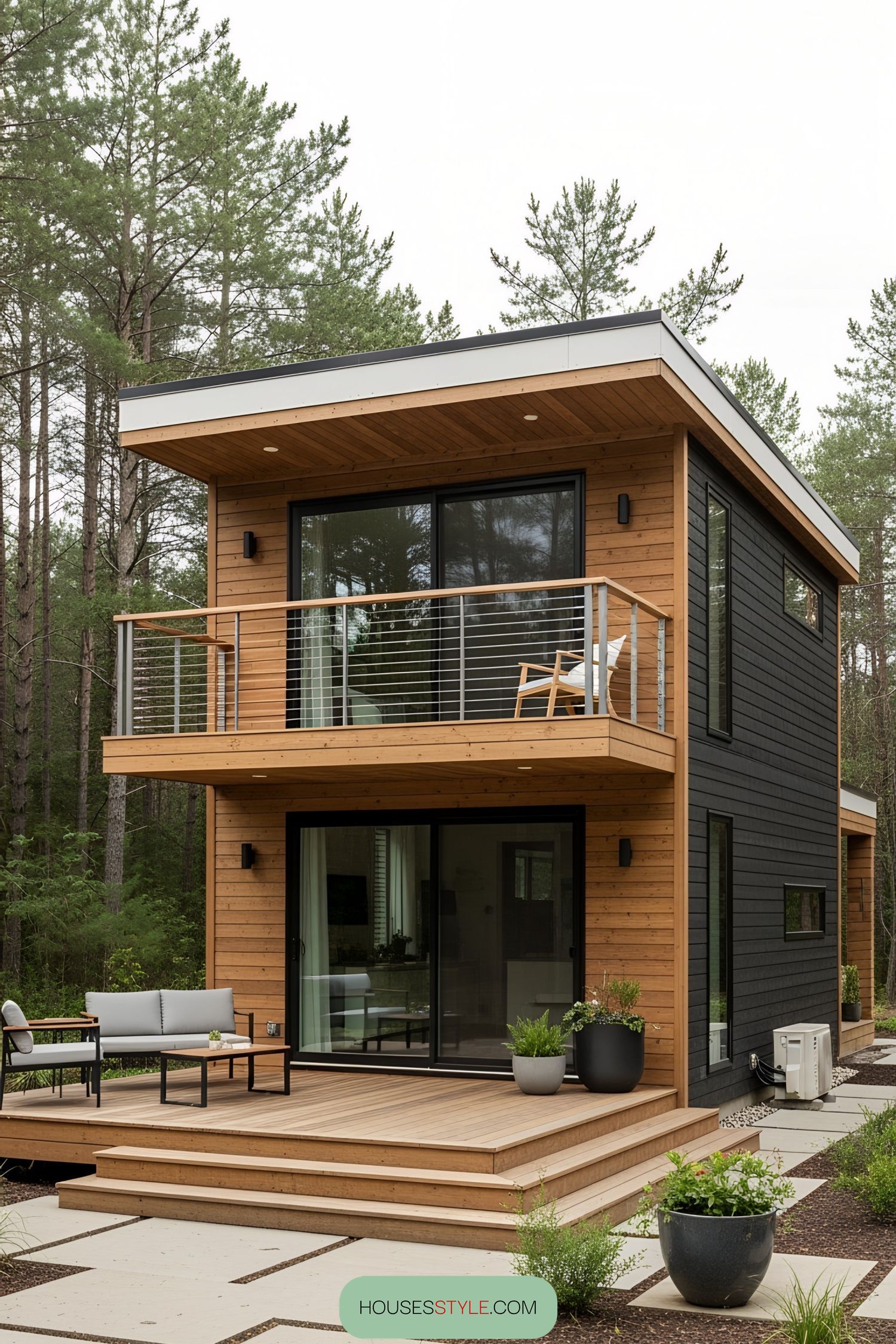 Modern small house with wood and glass, nestled among trees