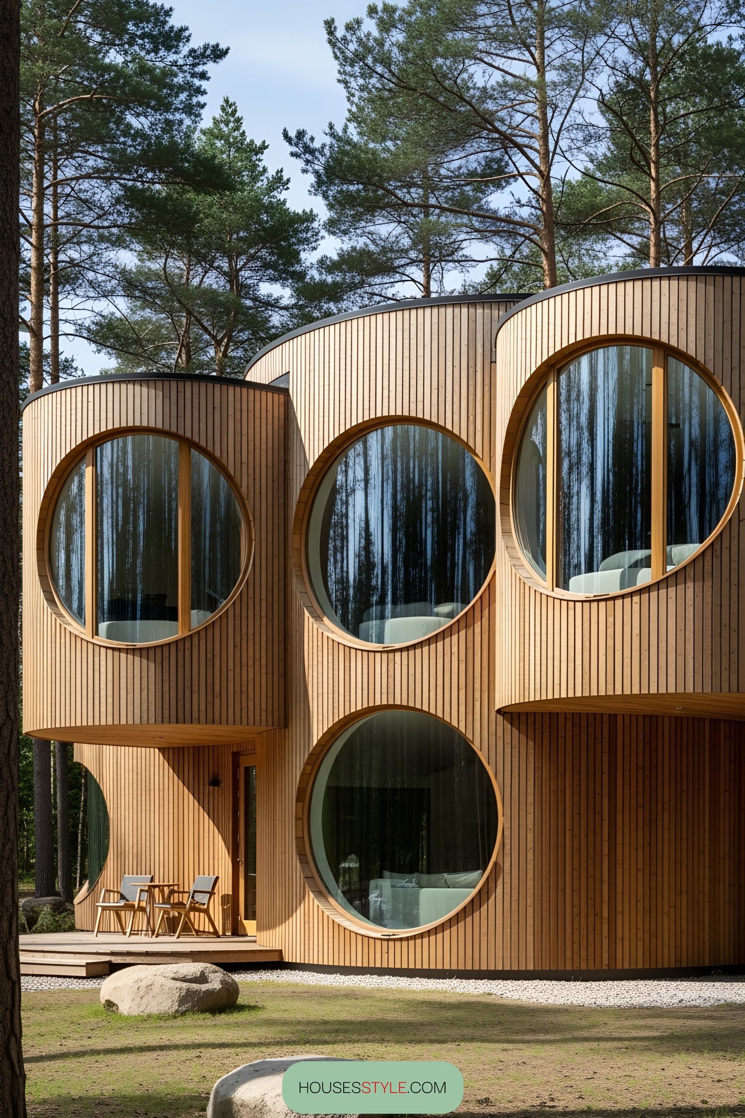 House with circular wooden architecture and large round windows