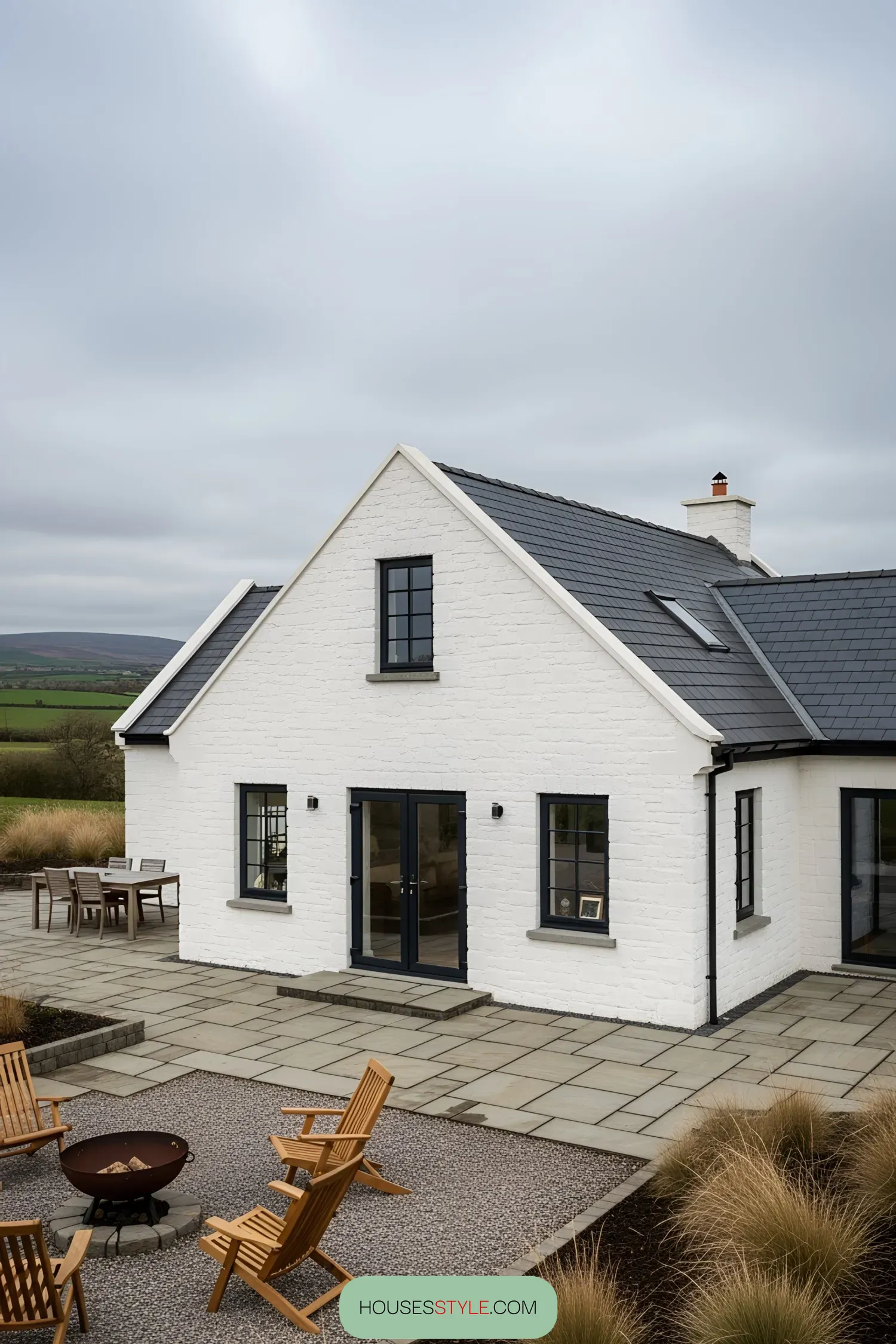 Charming white bungalow with slate roof and cozy outdoor seating