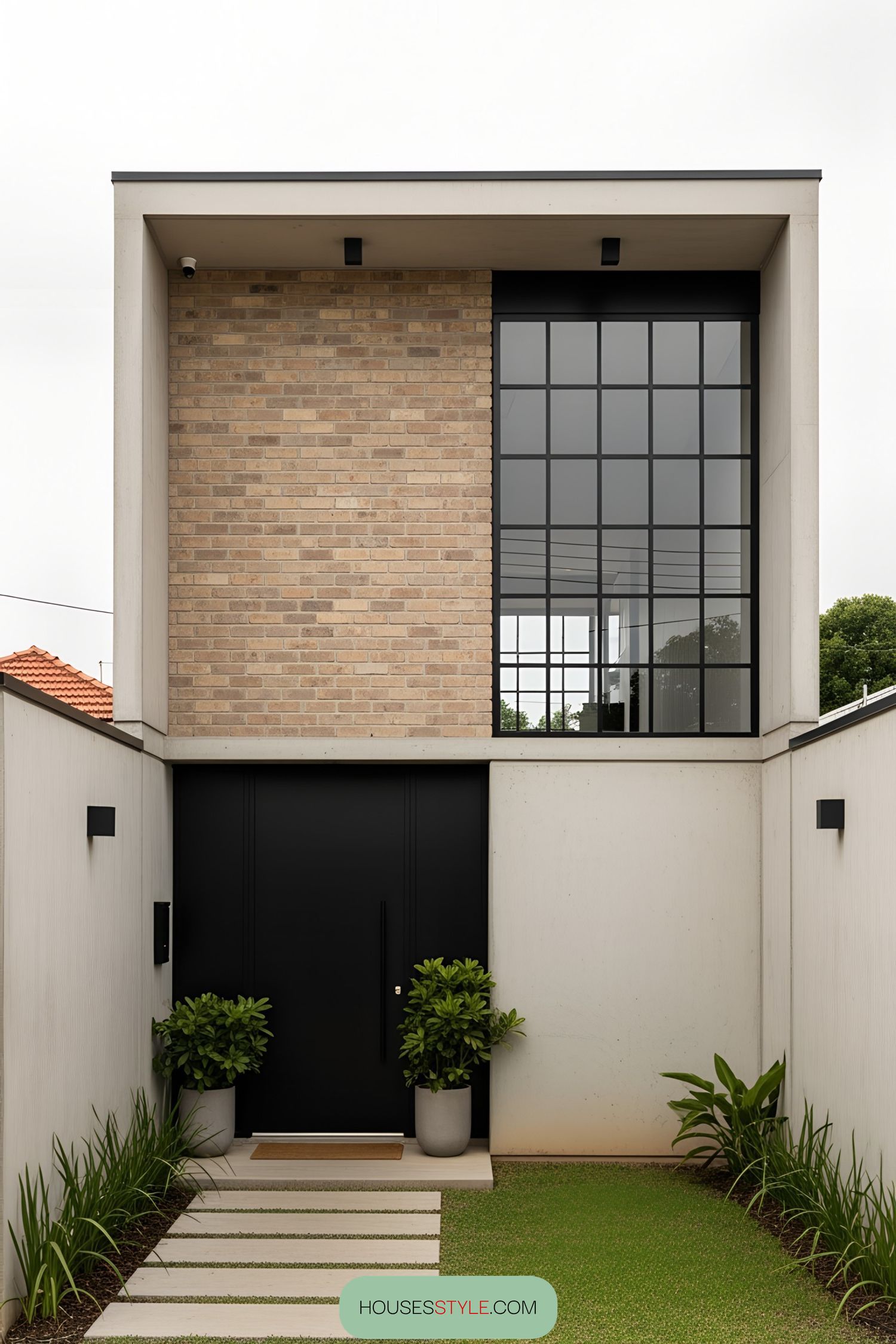 Modern house with large glass windows and a brick facade