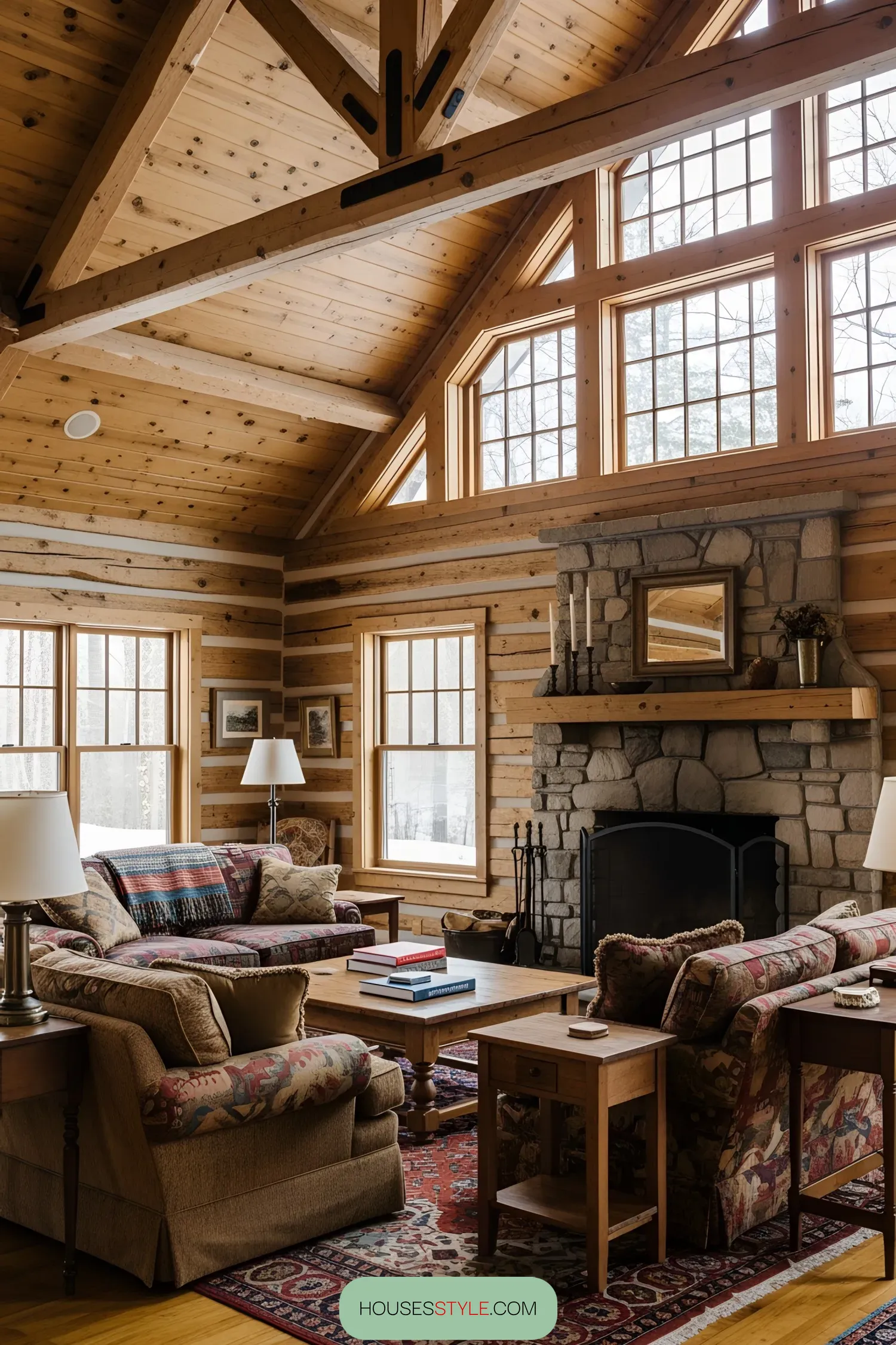 Warm and inviting log cabin living room with stone fireplace