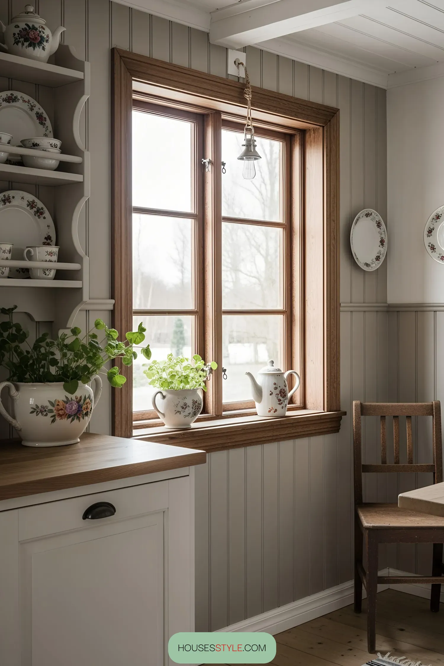 Charming kitchen nook with wooden window