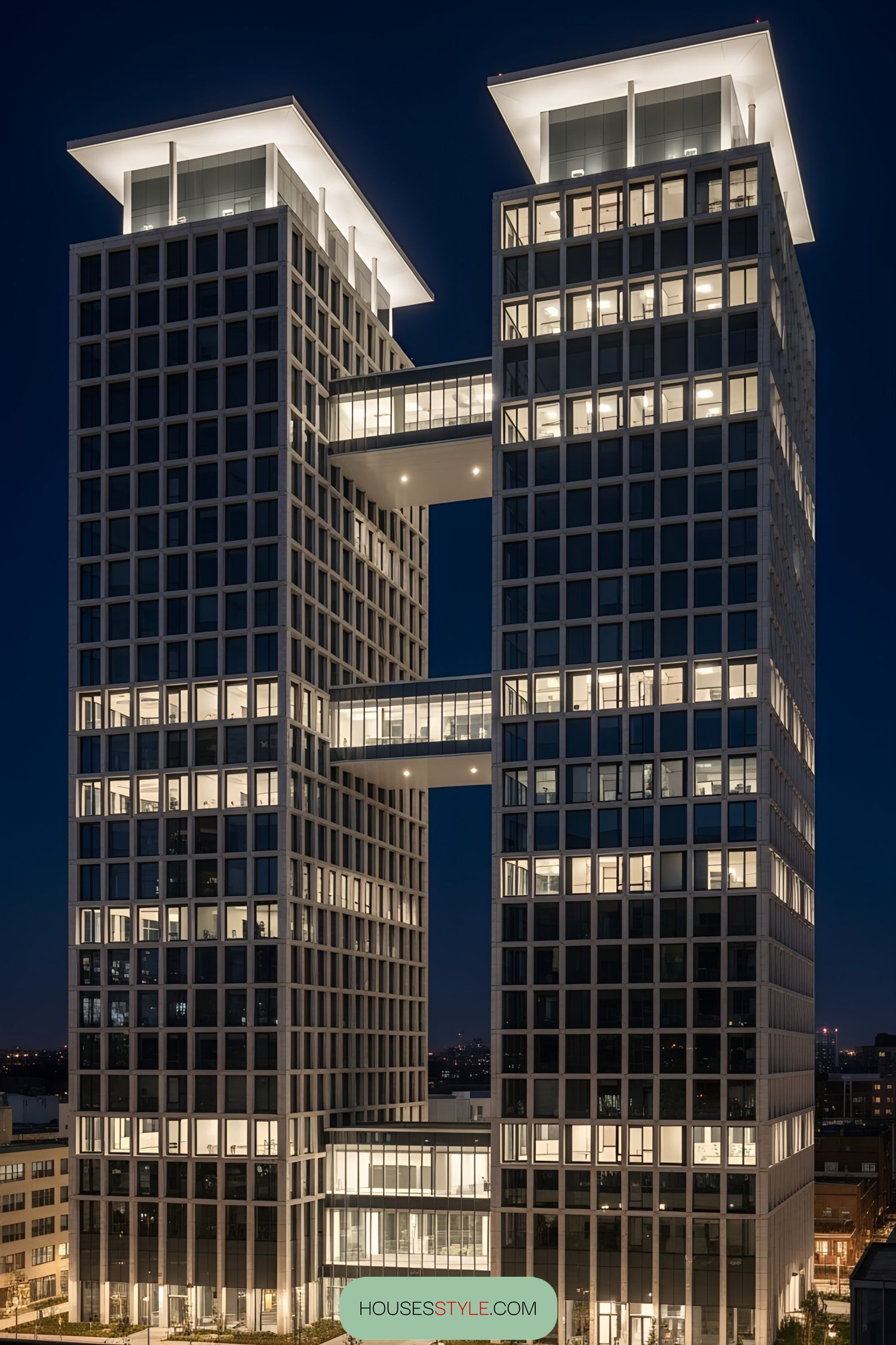 Two modern skyscrapers connected by illuminated skybridges at night