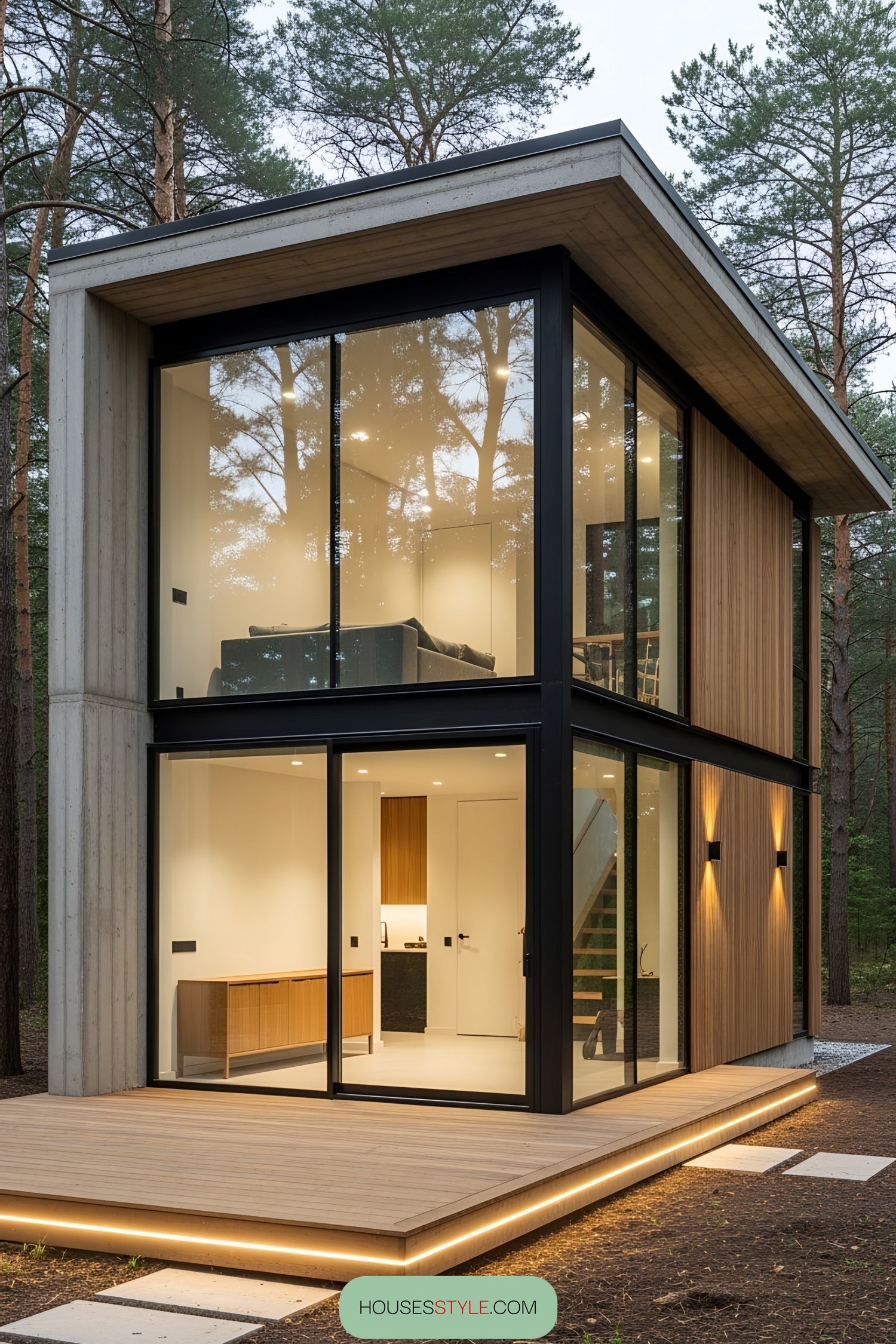Two-story modern house with large glass windows in a forest
