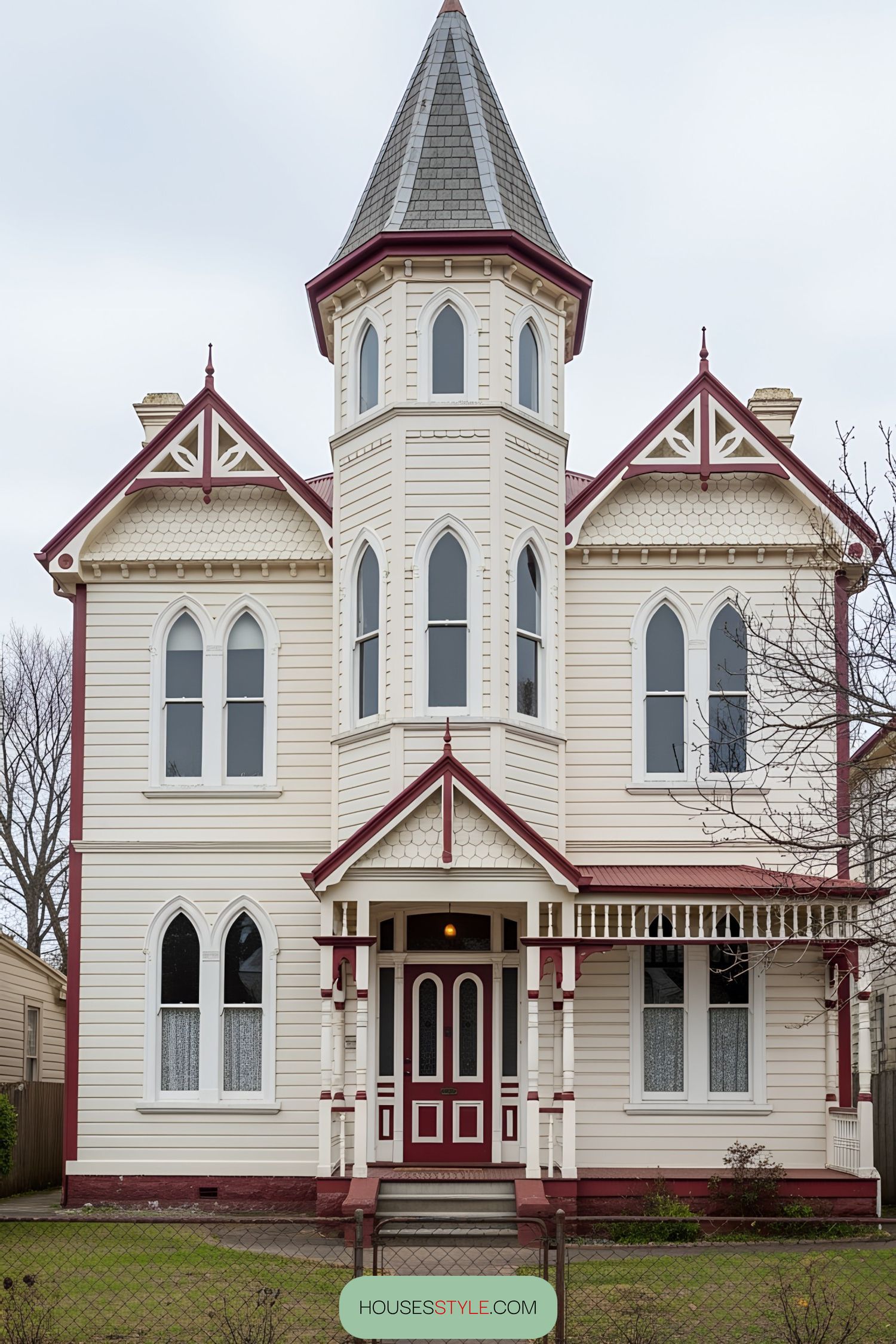 Victorian house with pointed tower and red-trim accents