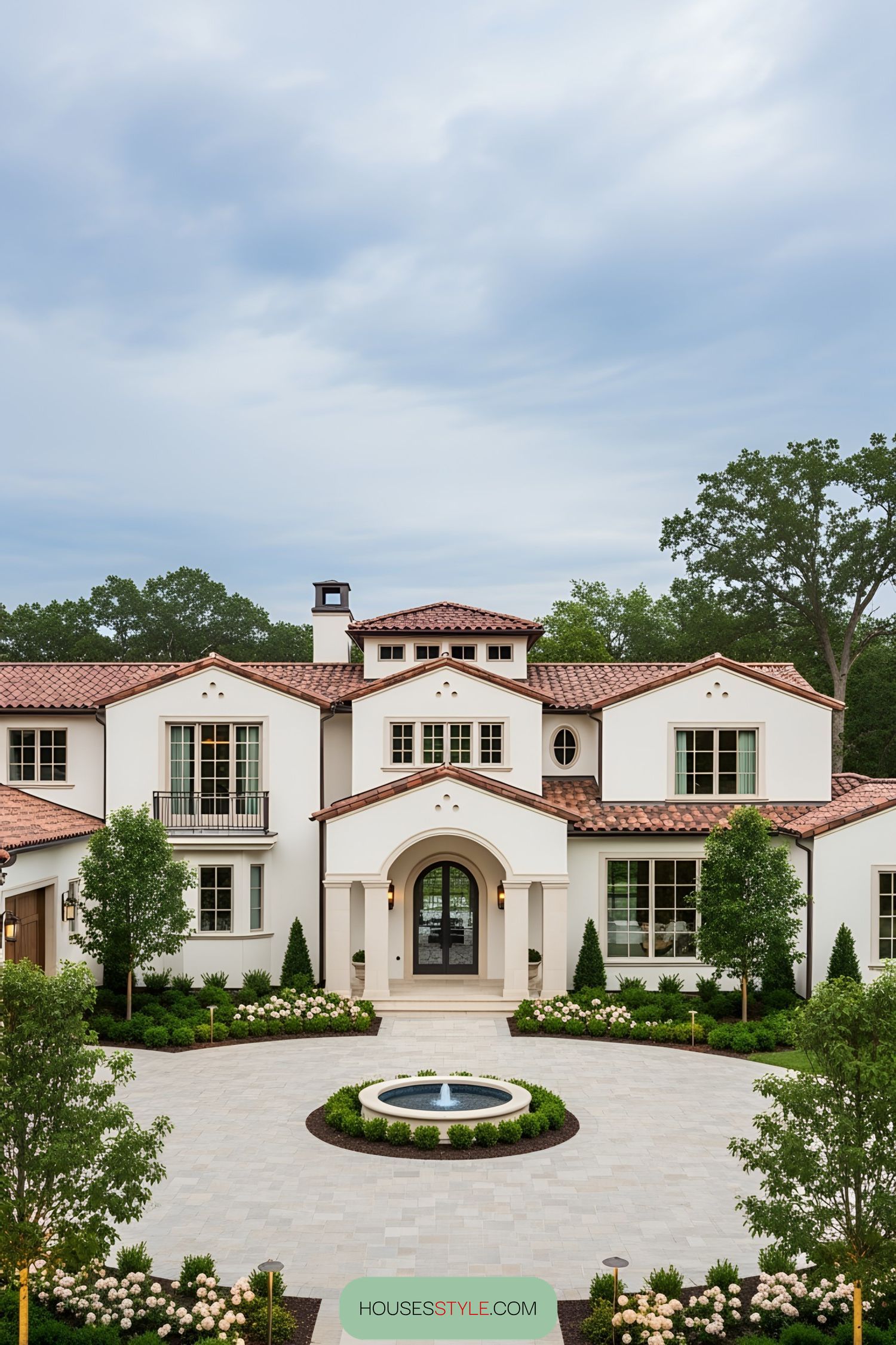 Luxury villa with a fountain and elegant architecture