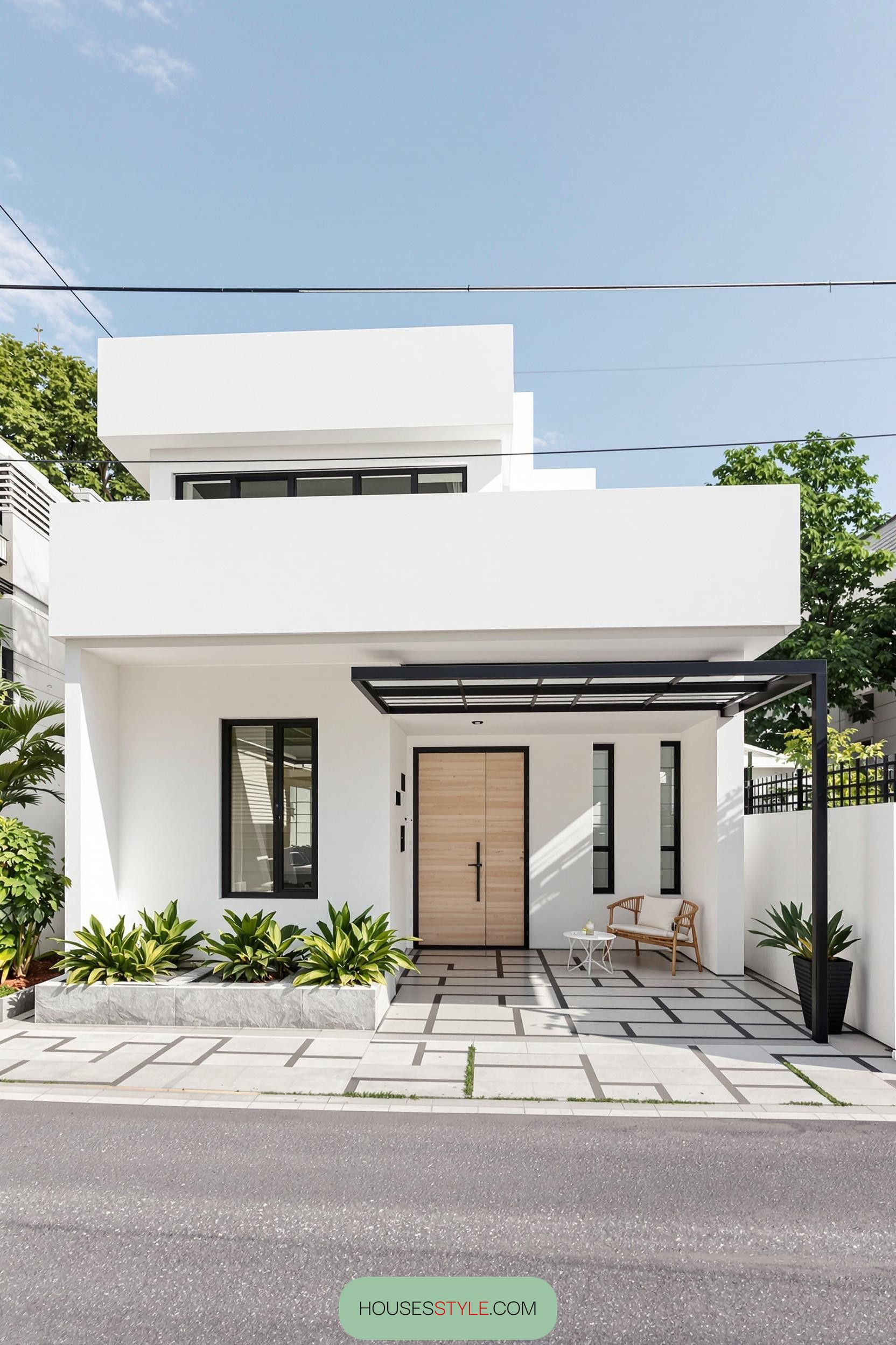 White modern minimalist bungalow with geometric lines and greenery