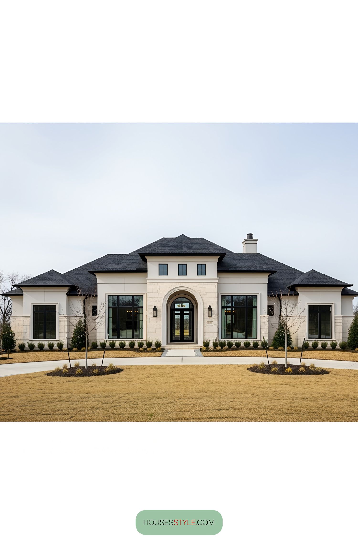 Modern luxury home with large windows and manicured lawn