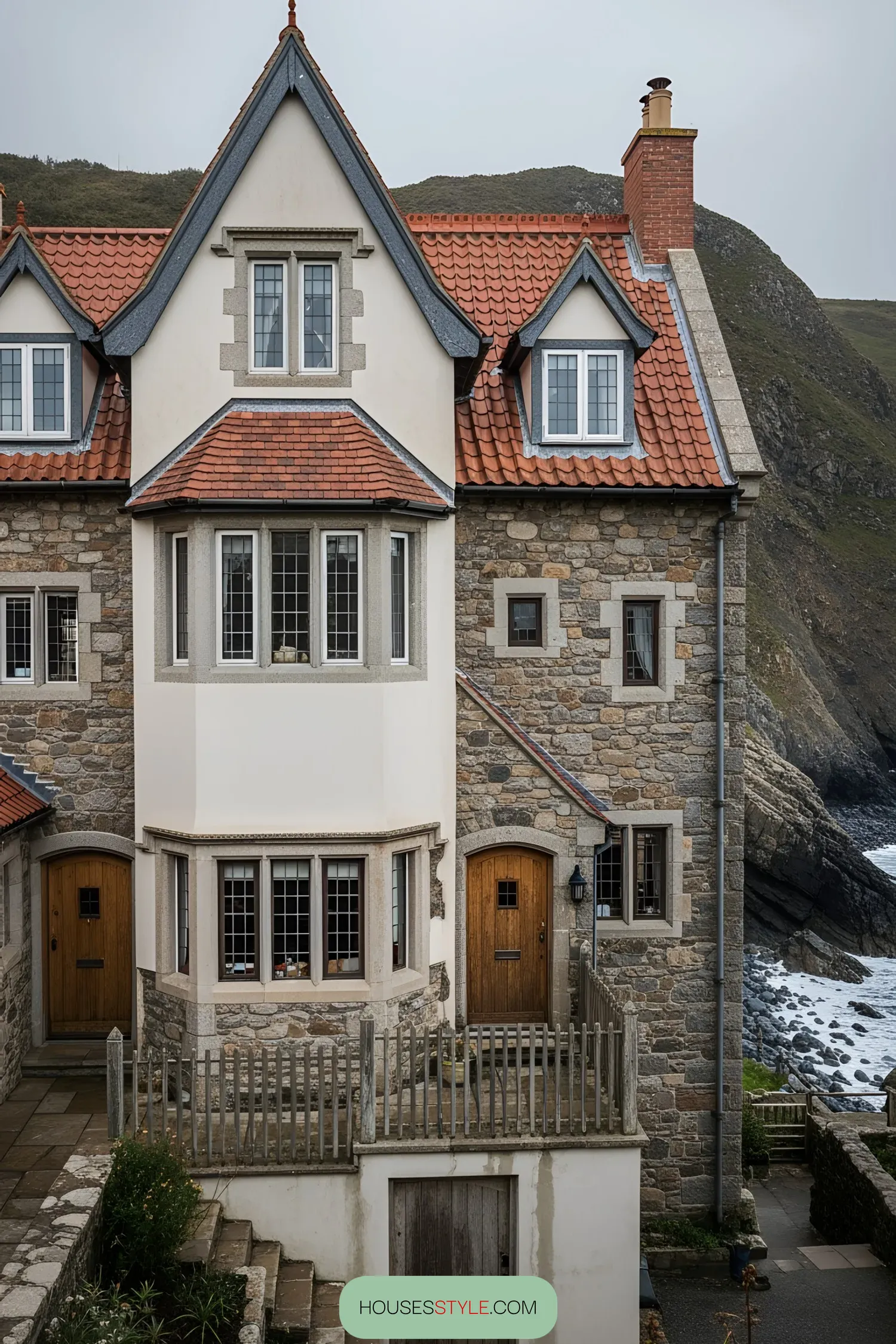 Rustic stone and timber beach house with dramatic gables