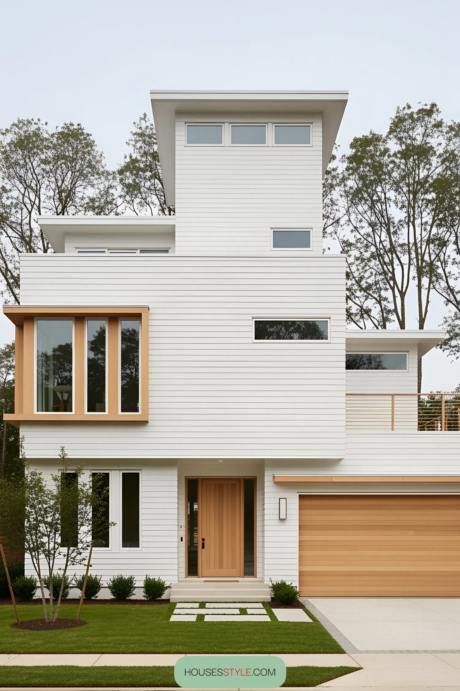 Contemporary white house with large wooden accents and modern design