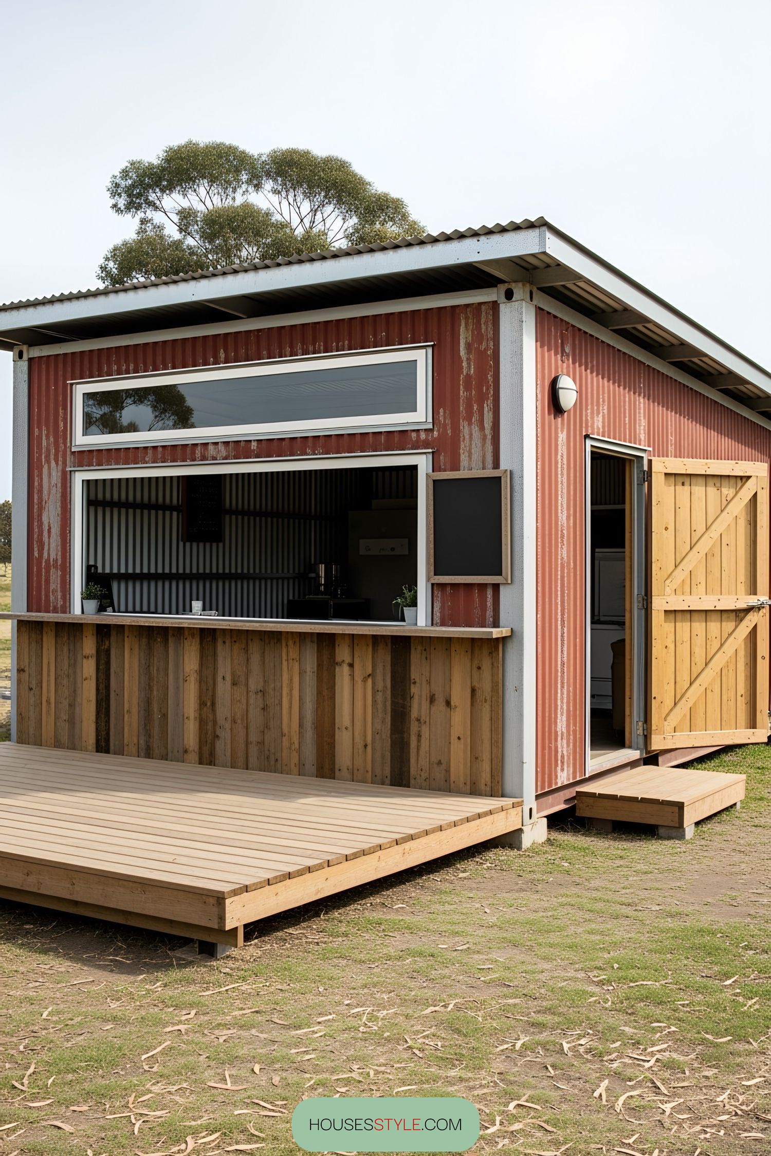 Red and wooden container bar with serving window
