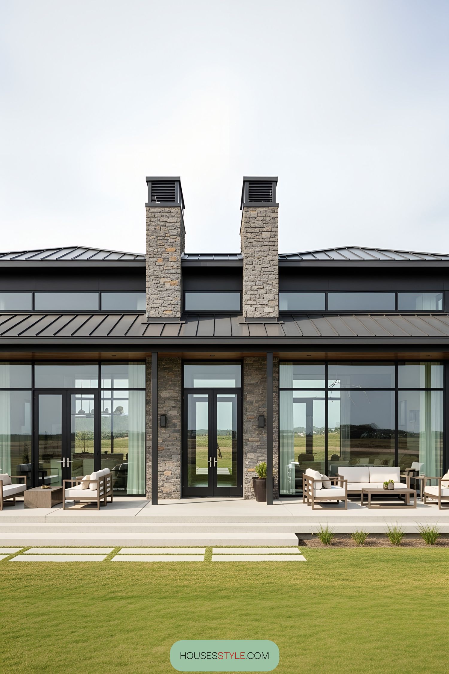 Modern home exterior with large glass windows and stone chimneys