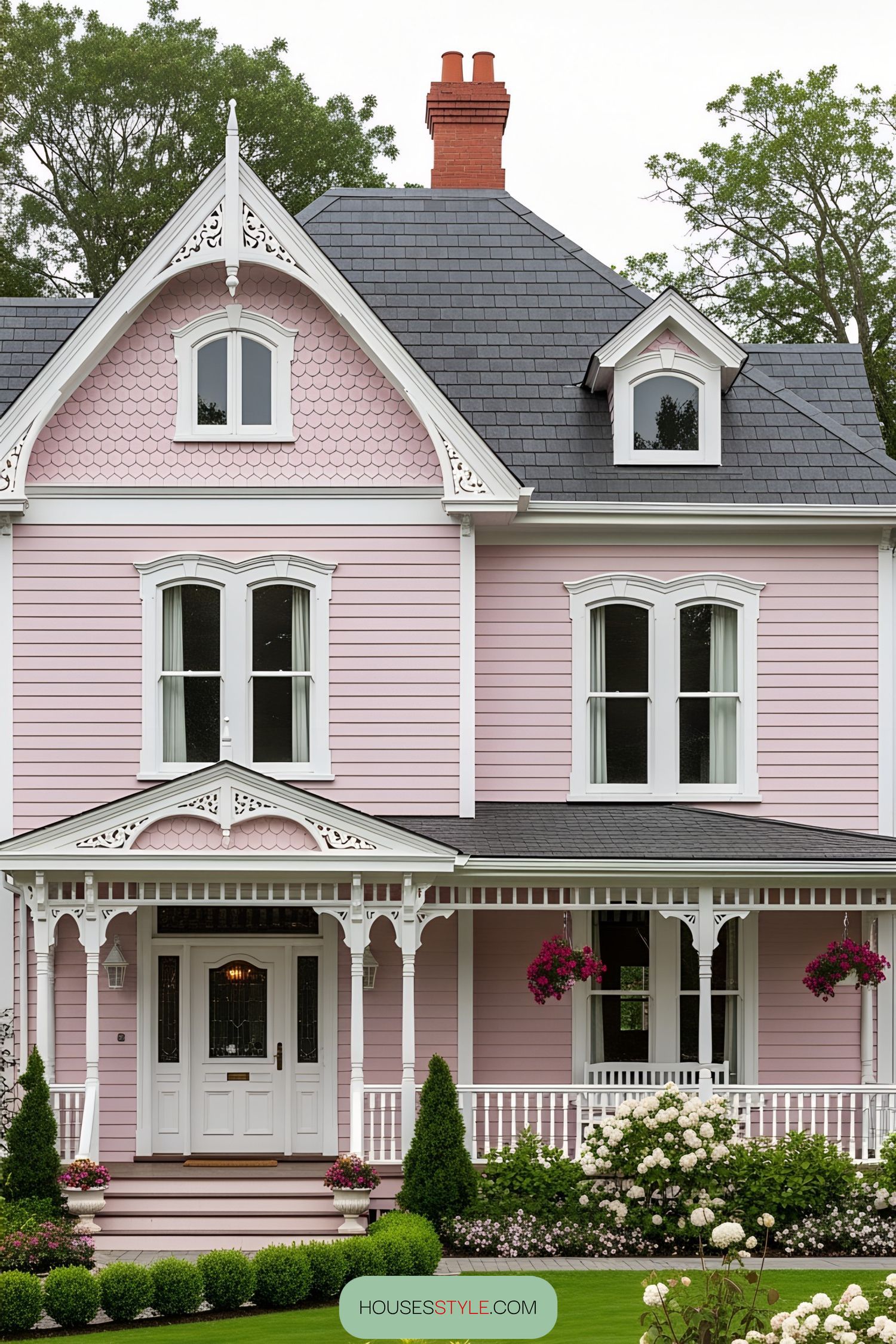 Large pink Victorian house with intricate white trim and a lush garden