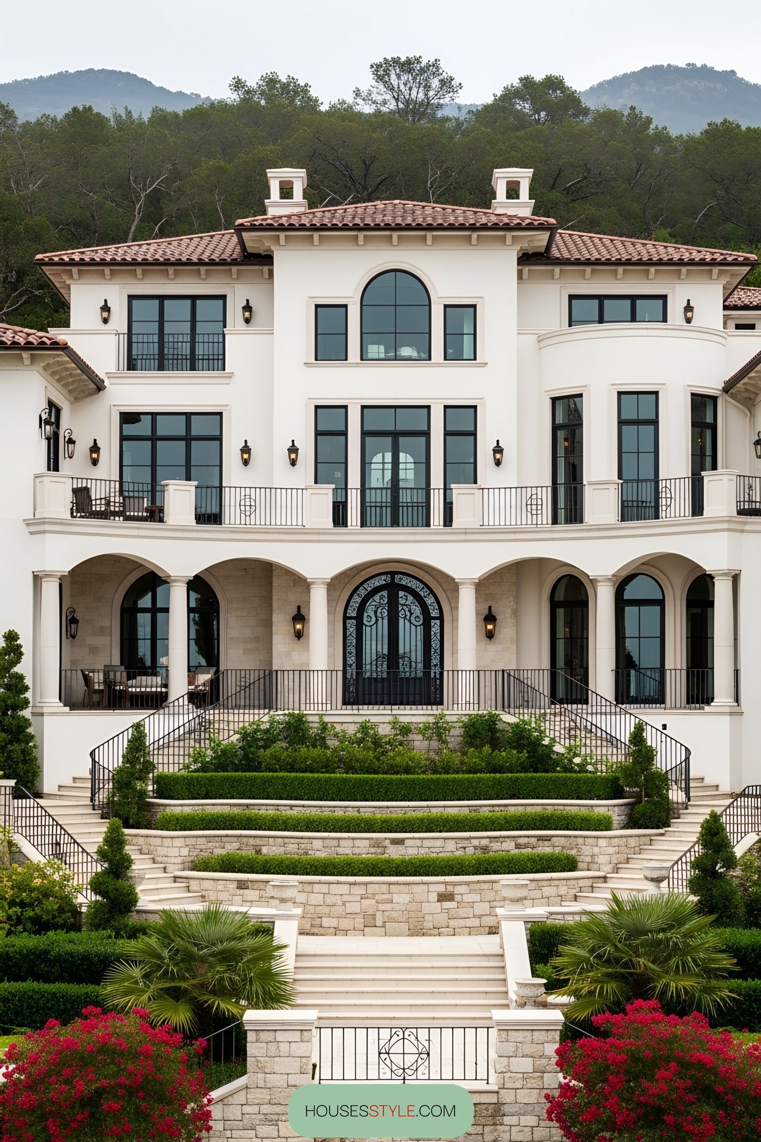 Luxurious villa with layered gardens and arched windows