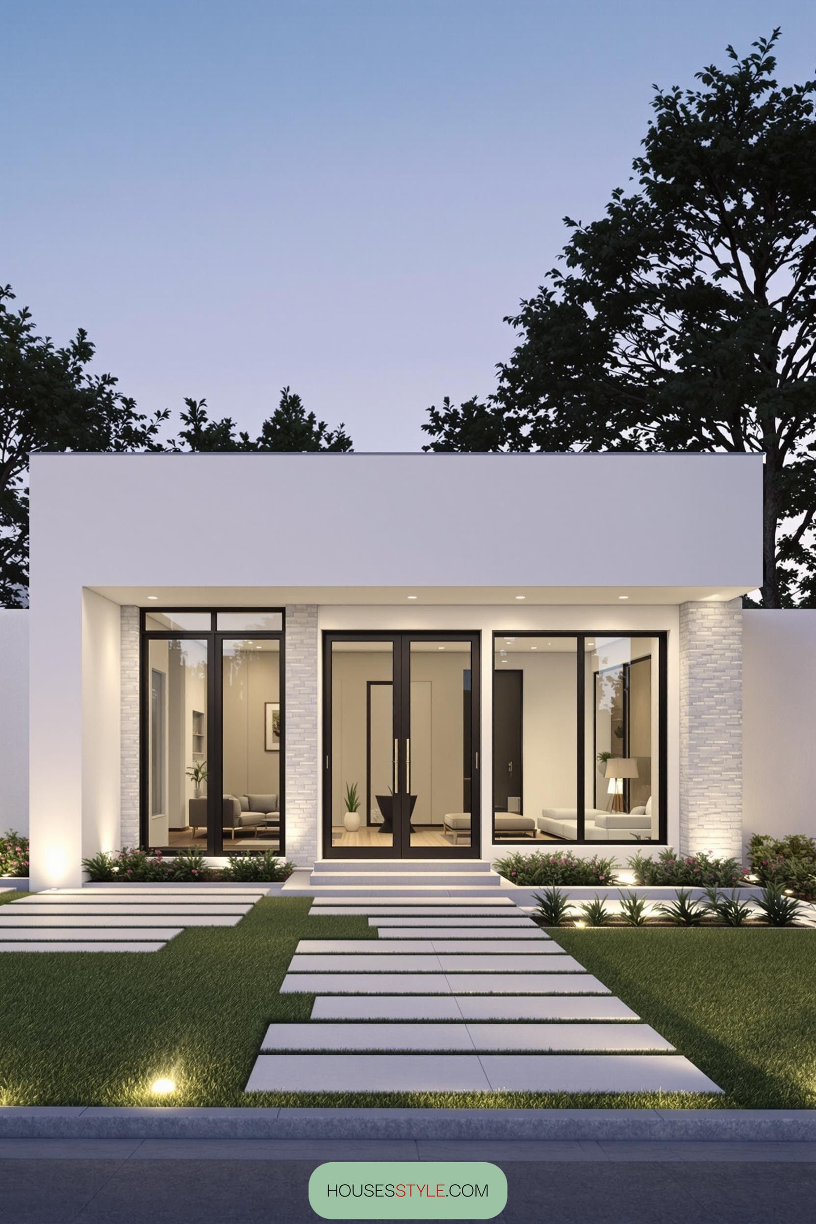 Modern minimalist bungalow exterior with lush garden and pathway