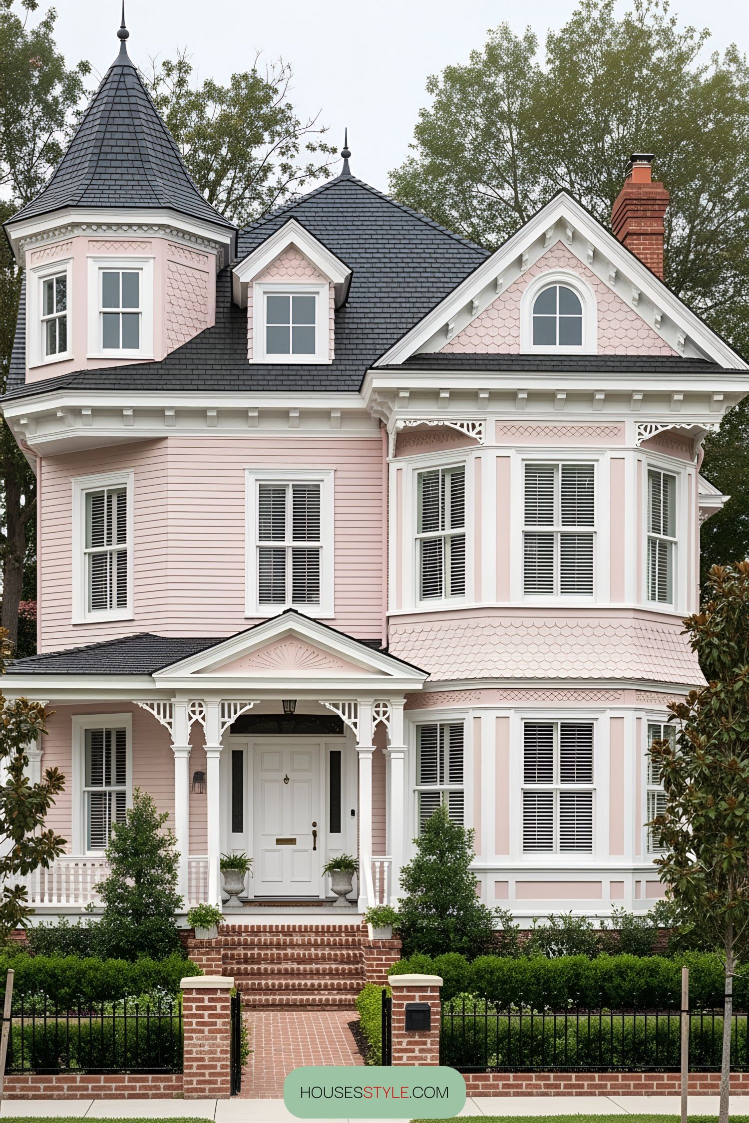 Charming pink Victorian house with a turret