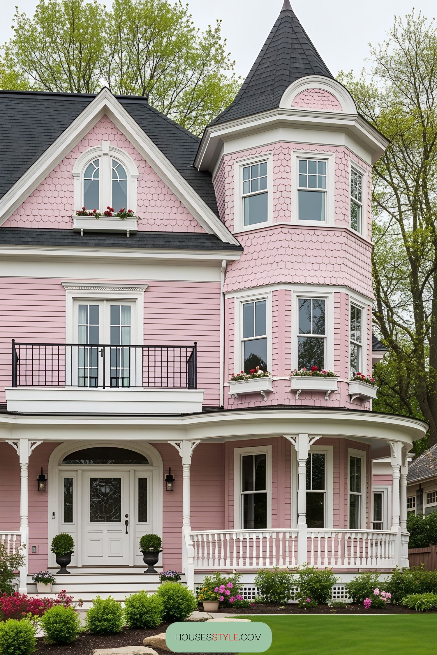 Pink Victorian house with a turret and porch