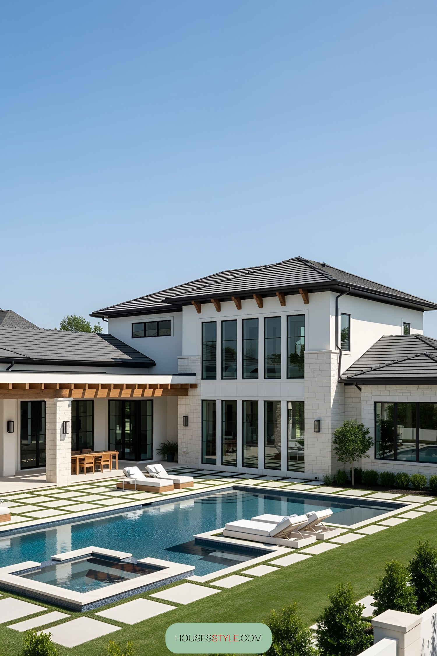 Luxurious home exterior with poolside elegance
