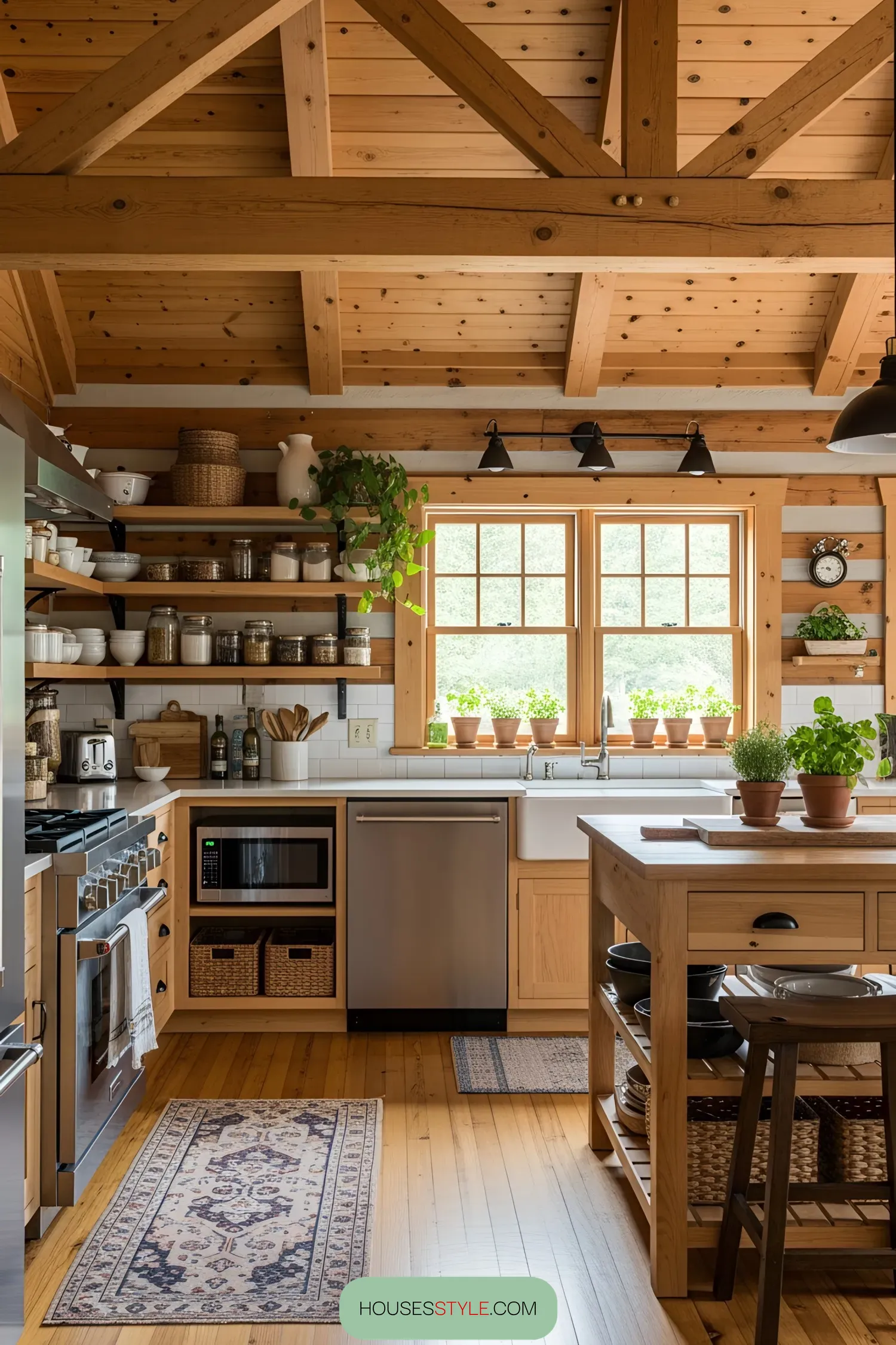 Log cabin kitchen with wooden beams and sunlit windows