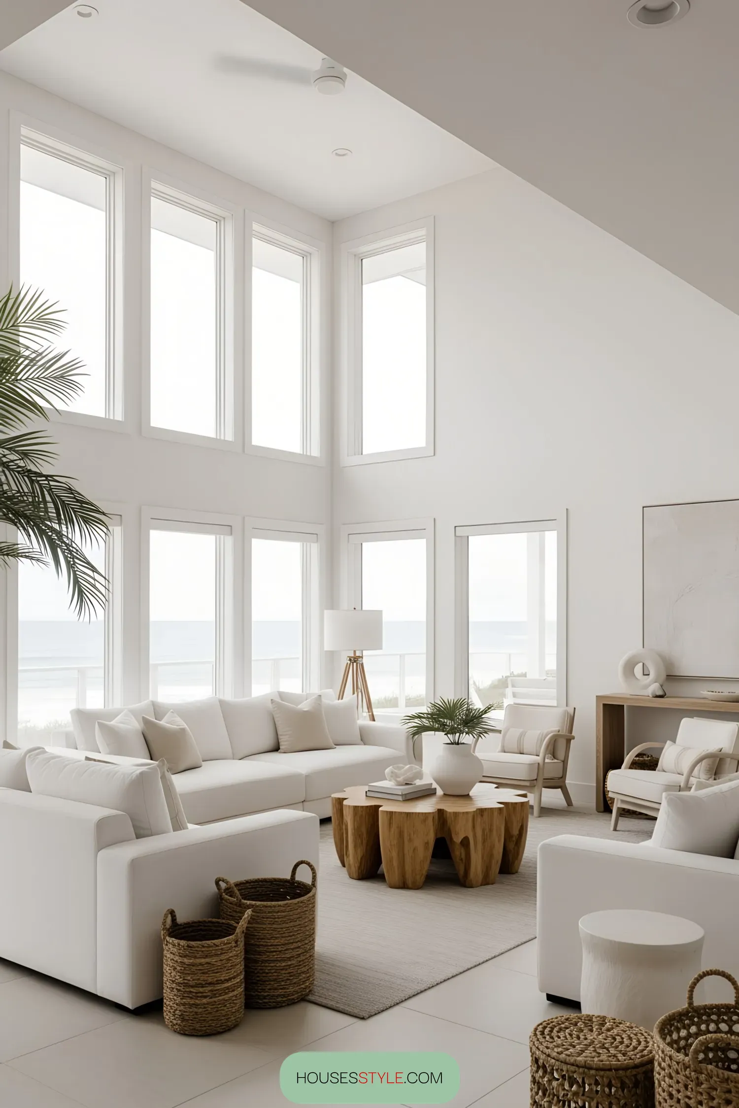 Bright and airy beach house living room with ocean views